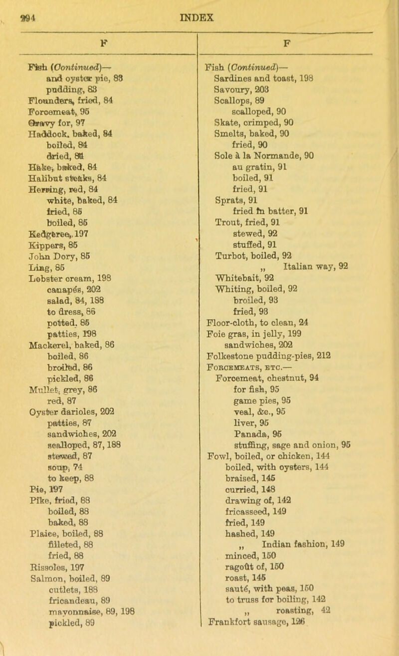 F F Fish (Continued)— Fish (Continued)— and oyster pie, 83 Sardines and toast, 198 pudding, 83 Savoury, 203 Flounders, fried, 84 Scallops, 89 Forcemeat, 95 scalloped, 90 Qrarvy for, 97 Skate, crimped, 90 Haddock, baked, 84 Smelts, baked, 90 boiled, 84 fried, 90 dried, 86 Sole k la Normande, 90 Hake, baited, 84 au gratin, 91 Halibut steaks, 84 boiled, 91 Hewing, red, 84 fried, 91 white, baked, 84 Sprats, 91 fried, 86 fried fn batter, 91 boiled, 85 Trout, fried, 91 Kedgferee,. 197 stewed, 92 Kippers, 85 stuffed, 91 John Dory, 85 Turbot, boiled, 92 Ling, 85 „ Italian way, 92 Lobster oream, 198 Whitebait, 92 c&napds, 202 Whiting, boiled, 92 salad, 84,188 broiled, 93 to dress, 86 fried, 93 potted. 86 Floor-cloth, to clean, 24 patties, 198 Foie gras, in jelly, 199 Maokerel, baked, 86 sandwiches, 202 boiled, 86 Folkestone pudding-pies, 212 broiled, 86 Forcemeats, etc.— pickled, 86 Foroemeat, ohestnut, 94 Mullet, grey, 86 for fish, 95 red, 87 game pies, 95 Oyster darioles, 202 veal, &c., 95 patties, 87 liver, 95 sandwiohes, 202 Panada, 96 scalloped, 87,188 stuffing, sage and onion, 95 stewed, 87 Fowl, boiled, or ohicken, 144 soup, 74 boiled, with oysters, 144 to keep, 88 braised, 145 Pie, 197 curried, 148 Pike, friod, 88 drawing of, 142 boiled, 88 fricasseed, 149 baked, 88 fried, 149 Plaice, boiled, 88 hashed, 149 filleted, 88 „ Indian fashion, 149 fried, 88 minoed, 150 Rissoles, 197 ragofit of, 160 Salmon, boiled, 89 roast, 145 cutlets, 188 saut6, with peas, 160 frioandeau, 89 to truss for boiling, 142 mayonnaise, 89, 198 „ roasting, 42 pickled, 89 Frankfort sausage, 126