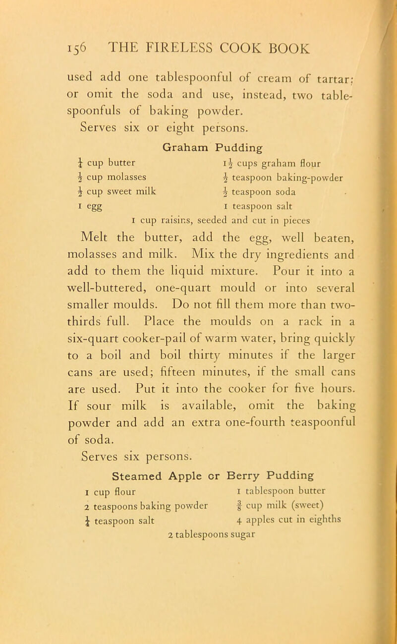 used add one tablespoonful of cream of tartar; or omit the soda and use, instead, two table- spoonfuls of baking powder. Serves six or eight persons. Graham Pudding I cup butter i \ cups graham flour i cup molasses ^ teaspoon baking-powder \ cup sweet milk £ teaspoon soda 1 egg 1 teaspoon salt 1 cup raisins, seeded and cut in pieces Melt the butter, add the egg, well beaten, molasses and milk. Mix the dry ingredients and add to them the liquid mixture. Pour it into a well-buttered, one-quart mould or into several smaller moulds. Do not fill them more than two- thirds full. Place the moulds on a rack in a six-quart cooker-pail of warm water, bring quickly to a boil and boil thirty minutes if the larger cans are used; fifteen minutes, if the small cans are used. Put it into the cooker for five hours. If sour milk is available, omit the baking powder and add an extra one-fourth teaspoonful of soda. Serves six persons. Steamed Apple cr Berry Pudding 1 cup flour 1 tablespoon butter 2 teaspoons baking powder $ cup milk (sweet) £ teaspoon salt 4 apples cut in eighths 2 tablespoons sugar