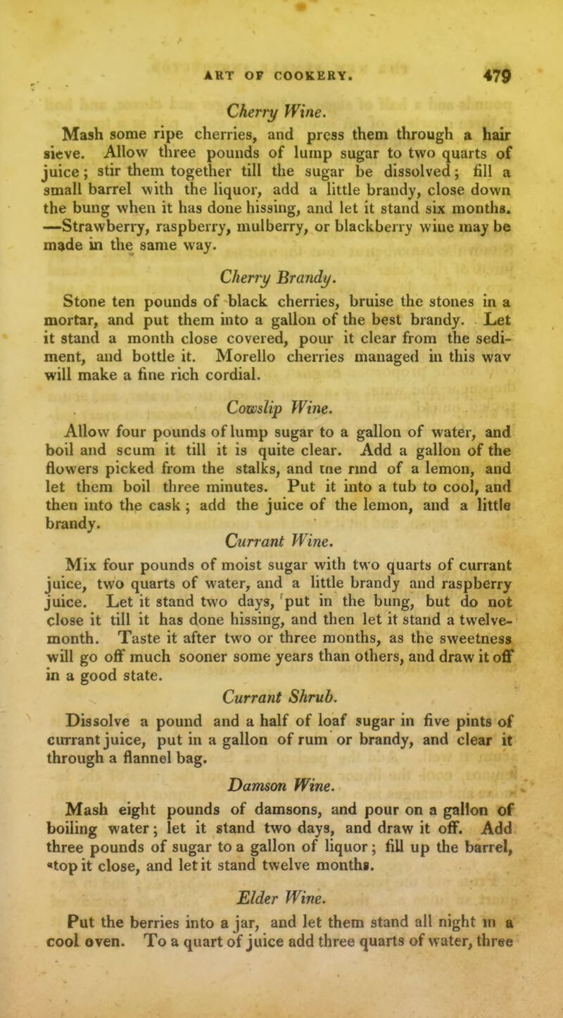 Cherry Wine. Mash some ripe cherries, and press them through a hair sieve. Allow three pounds of lump sugar to two quarts of juice; stir them together till the sugar be dissolved; fill a small barrel with the liquor, add a little brandy, close down the bung when it has done hissing, and let it stand six months. —Strawberry, raspberry, mulberry, or blackberry wine may be made in the same way. Cherry Brandy. Stone ten pounds of black cherries, bruise the stones in a mortar, and put them into a gallon of the best brandy. Let it stand a month close covered, pour it clear from the sedi- ment, and bottle it. Morello cherries managed in this wav will make a fine rich cordial. Cowslip Wine. Allow four pounds of lump sugar to a gallon of water, and boil and scum it till it is quite clear. Add a gallon of the flowers picked from the stalks, and tne nnd of a lemon, and let them boil three minutes. Put it into a tub to cool, and then into the cask ; add the juice of the lemon, and a little brandy. Currant Wine. Mix four pounds of moist sugar with two quarts of currant juice, two quarts of water, and a little brandy and raspberry juice. Let it stand two days, put in the bung, but do not close it till it has done hissing, and then let it stand a twelve- month. Taste it after two or three months, as the sweetness will go off much sooner some years than others, and draw it off in a good state. Currant Shrub. Dissolve a pound and a half of loaf sugar in five pints of currant juice, put in a gallon of rum or brandy, and clear it through a flannel bag. Damson Wine. Mash eight pounds of damsons, and pour on a gallon of boiling water; let it stand two days, and draw it off. Add three pounds of sugar to a gallon of liquor; fill up the barrel, «top it close, and let it stand twelve months. Elder Wine. Put the berries into a jar, and let them stand all night in a cool oven. To a quart of juice add three quarts of water, three