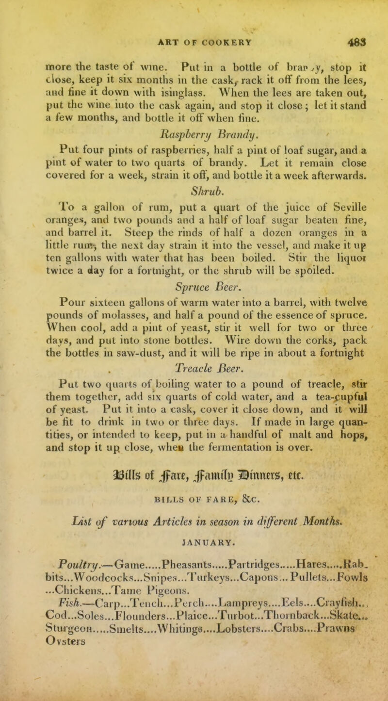 more the taste of wine. Put in a bottle of bran ,y, stop it close, keep it six months in the cask, rack it off from the lees, and line it down with isinglass. When the lees are taken out, put the wine into the cask again, and stop it close; let it stand a few months, and bottle it olf when line. Raspberry Brandy. Put four pints of raspberries, half a pint of loaf sugar, and a pint of water to two quarts of brandy. Let it remain close covered for a week, strain it oft, and bottle it a week afterwards. Shrub. To a gallon of rum, put a quart of the juice of Seville oranges, and two pounds and a half of loaf sugar beaten fine, and barrel it. Steep the rinds of half a dozen oranges in a little 1 uiR-, the next day strain it into the vessel, and make it up ten gallons with water that has been boiled. Stir the liquor twice a day for a fortnight, or the shrub will be spoiled. Spruce Beer. Pour sixteen gallons of warm water into a barrel, with twelve pounds of molasses, and half a pound of the essence of spruce. When cool, add a pint of yeast, stir it well for two or three days, and put into stone bottles. Wire down the corks, pack the bottles in saw-dust, and it will be ripe in about a fortnight . Treacle Beer. Put two quarts of boiling water to a pound of treacle, stir them together, add six quarts of cold water, and a tea-pupful of yeast. Put it into a cask, cover it close down, and it will be fit to drink in two or three days. If made in large quan- tities, or intended to keep, put in a handful of malt and hops, and stop it up close, when the fermentation is over. of Jfate, jfamtln Dinners, eft. BILLS OE FARE, &C. hist of various Articles in season in different Months. JANUARY. Poultry.—Game Pheasants Partridges Hares Rab. bits.. .Woodcocks... Snipes. ..Turkeys... Capons... Pullets...Fowls ...Chickens...Tame Pigeons. Fish.—Carp...Tench...Perch....Lampreys....Eels....Crayfish.., Cod...Soles...Flounders...Plaice...Turbot...Thornback...Skate... Sturgeon Smelts....Whitings....Lobsters....Crabs....Prawns Oysters