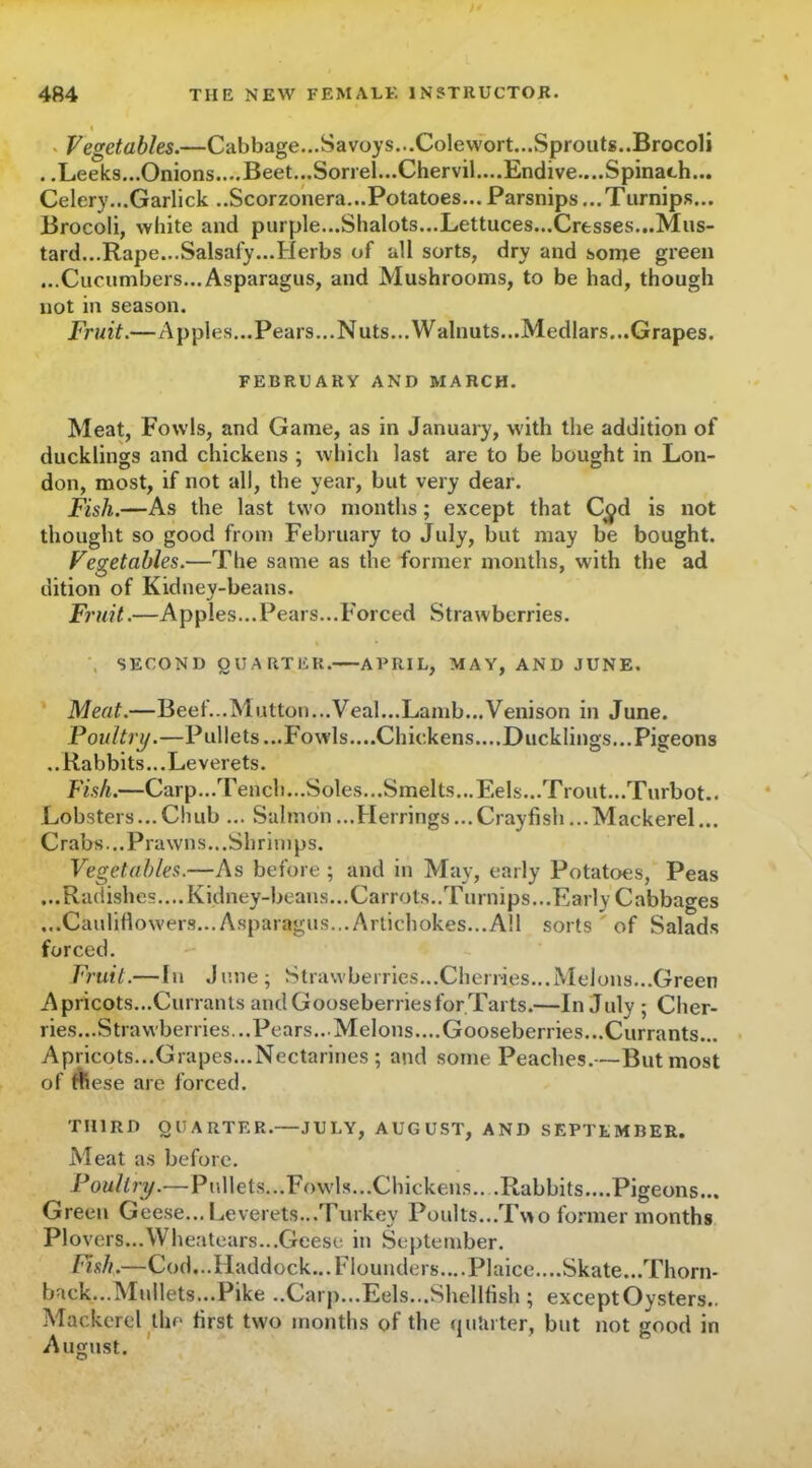 Vegetables.—Cabbage... Savoys. ..Colewort... Sprouts. .Brocoli .. Leeks... Onions... .Beet...Sorrel...Chervil... .Endive... .Spinach... Celery...Garlick ..Scorzonera...Potatoes... Parsnips ...Turnips... Brocoli, white and purple...Shalots...Lettuces...Cresses...Mus- tard...Rape...Salsafy...Herbs of all sorts, dry and some green ...Cucumbers...Asparagus, and Mushrooms, to be had, though not in season. Fruit.—Apples...Pears...Nuts... Walnuts...Medlars...Grapes. FEBRUARY AND MARCH. Meat, Fowls, and Game, as in January, with the addition of ducklings and chickens ; which last are to be bought in Lon- don, most, if not all, the year, but very dear. Fish.—As the last two months ; except that C$d is not thought so good from February to July, but may be bought. Vegetables.—The same as the former months, with the ad dition of Kidney-beans. Fruit.—Apples...Pears...Forced Strawberries. , SECOND QUARTER. ABRIL, MAY, AND JUNE. Meat.—Beet...Mutton...Veal...Lamb...Venison in June. Poultry.—Pullets...Fowls....Chickens....Ducklings... Pigeons ..Rabbits...Leverets. Fish.—Carp...Tench...Soles...Smelts...Eels...Trout...Turbot.. Lobsters...Chub ... Salmon ...Herrings...Crayfish ...Mackerel... Crabs...Prawns...Shrimps. Vegetables.—As before ; and in May, early Potatoes, Peas . ..Radishes.... Kidney-beans. ..Carrots..Turnips.. .Early Cabbages ...Cauliflowers...Asparagus...Artichokes...All sorts of Salads forced. Fruit.—In June ; Strawberries...Cherries...Melons...Green Apricots...Currants and Gooseberries for Tarts.—In July ; Cher- ries...Strawberries... Pears... Melons.... Gooseberries...Currants... Apricots...Grapes...Nectarines ; and some Peaches.—But most of ft ese are forced. THIRD QUARTER.—JULY, AUGUST, AND SEPTEMBER. Meat as before. Poultry.—Pullets...Fowls...Chickens.. .Rabbits....Pigeons... Green Geese...Leverets...Turkey Poults...Two former months Plo\ rers...Wheatears...Geese in September. Fish.—Cod...Haddock... Flounders....Plaice....Skate...Thorn- back...Mullets...Pike ..Carp...Eels...Shellfish ; exceptOysters.. Mackerel the first two months of the qutirter, but not good in August.