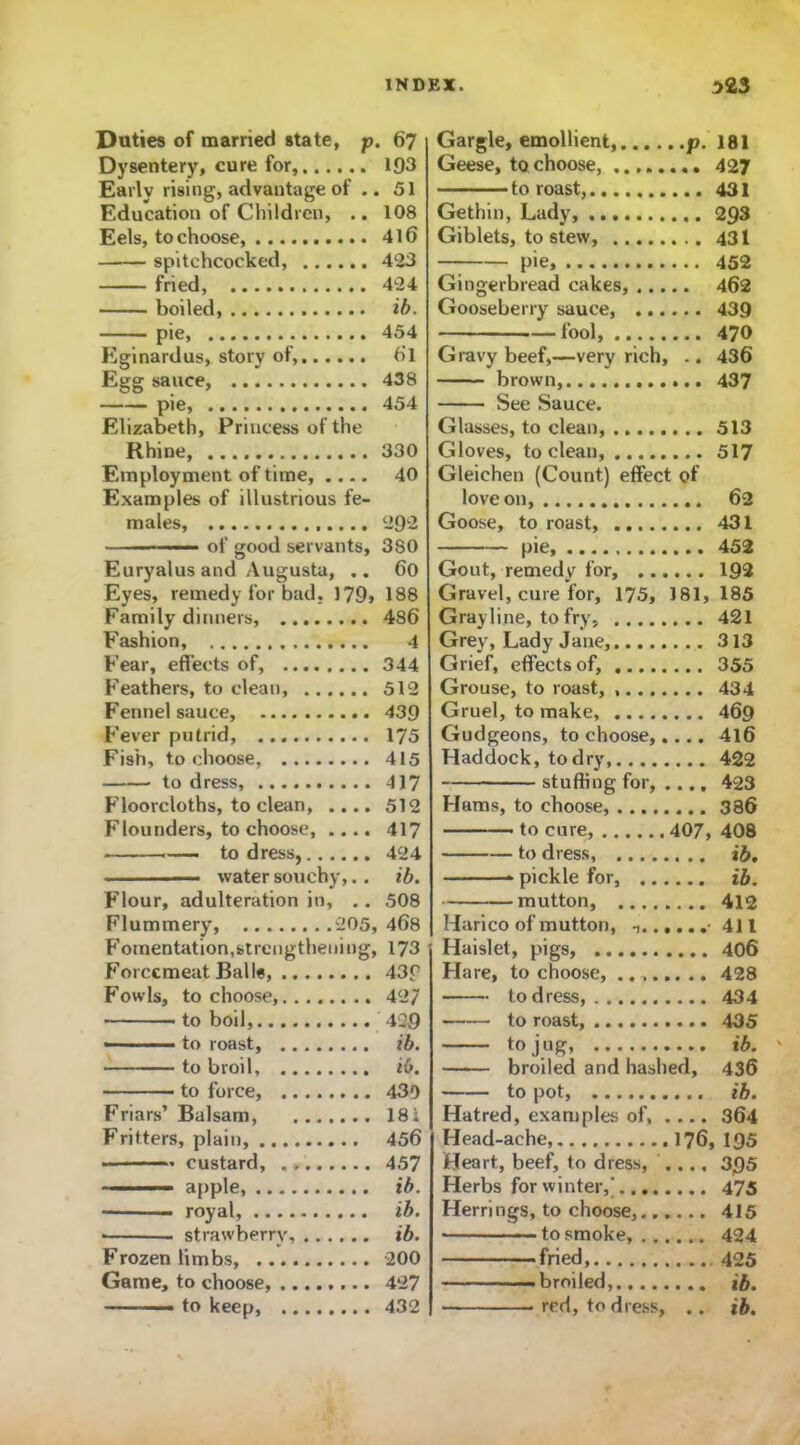 Duties of married state, p. Dysentery, cure for, Early rising, advantage of .. Education of Children, .. Eels, to choose, spitchcocked, fried, boiled, •— pie, Eginardus, story of, Egg sauce, pie, Elizabeth, Princess of the Rhine, Employment of time, .... Examples of illustrious fe- males, ■ ■ ■ of good servants, Euryalus and Augusta, .. Eyes, remedy for bad. 179> Family dinners, Fashion, Fear, effects of, Feathers, to clean, Fennel sauce, Fever putrid, Fish, to choose, to dress, Floorcloths, to clean, .... Flounders, to choose, .... to dress, ■ ■ water souchy,.. Flour, adulteration in, .. Flummery, 205, Fomentation,strengthening, Forcemeat Balls, Fowls, to choose, to boil, — ■ ■ to roast, to broil, to force, Friars’ Balsam, Fritters, plain, ■ custard, —— apple, royal, • strawberry, Frozen limbs, Game, to choose, Gargle, emollient, p. 181 Geese, to choose, 427 to roast, 431 Gethin, Lady, 293 Giblets, to stew, 431 pie, 452 Gingerbread cakes, 462 Gooseberry sauce, 439 fool, 470 Gravy beef,—very rich, .. 436 brown, 437 See Sauce. Glasses, to clean, 513 Gloves, to clean, 517 Gleiehen (Count) effect of love on, 62 Goose, to roast, 431 pie, 452 Gout, remedy for, 192 Gravel, cure for, 175, 181,185 Grayline, to fry, 421 Grey, Lady Jane, 313 Grief, effects of, 355 Grouse, to roast, 434 Gruel, to make, 469 Gudgeons, to choose,.... 416 Haddock, to dry, 422 stuffing for, .... 423 Hams, to choose, 386 to cure, 407, 408 to dress, ib. * pickle for, ib. mutton, 412 Harico of mutton, • 411 Haislet, pigs, 406 Hare, to choose, 428 todress, 434 • to roast, 435 to jug, ib. broiled and hashed, 436 to pot, ib. Hatred, examples of, .... 364 Head-ache, 176, 195 Heart, beef, to dress, .... 395 Herbs for winter,'... 475 Herrings, to choose, 415 * to smoke, 424 fried, 425 -broiled, ib. 67 193 51 108 416 423 424 ib. 454 61 438 454 330 40 292 380 60 188 486 4 344 512 439 175 415 417 512 417 424 ib. 508 468 173 430 427 429 ib. ib. 430 18 i 456 457 ib. ib. ib. 200 427