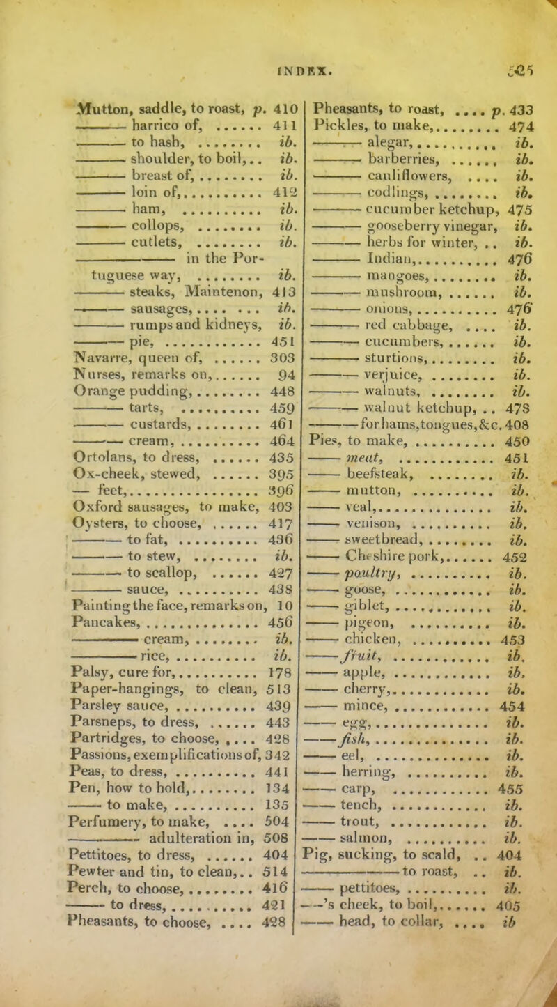 Mutton, saddle, to roast, p. 410 harrico of, 411 to hash, ib. shoulder, to boil,.. ib. breast of, ib. loin of, 412 ham, ib. collops, ib. cutlets, ib. in the Por- tuguese way, ib. steaks, Maintenon, 413 — sausages, ib. rumps and kidneys, ib. pie, 451 Navarre, queen of, 303 Nurses, remarks on, i)4 Orange pudding,......... 448 tarts, 459 custards, 461 — cream, 464 Ortolans, to dress, 435 Ox-cheek, stewed, 395 — feet, 396 Oxford sausages, to make, 403 Oysters, to choose, 417 to fat 436 to stew, ib. to scallop, 427 sauce, 438 Painting the face, remarks on, 10 Pancakes, 456 cream, ib. rice, ib. Palsy, cure for, 178 Paper-hangings, to clean, 513 Parsley sauce, 439 Parsneps, to dress, 443 Partridges, to choose, .... 428 Passions, exemplifications of, 342 Peas, to dress, 441 Pen, how to hold, 134 to make, 135 Perfumery, to make, .... 504 adulteration in, 508 Pettitoes, to dress, 404 Pewter and tin, to clean,.. 514 Perch, to choose, 416 ■ to dress, 421 Pheasants, to choose, .... 428 ■ Pheasants, to roast, .... p. 433 Pickles, to make 474 7— alegar, ib. barberries, ib. cauliflowers, .... ib. codlings, ib. cucumber ketchup, 475 gooseberry vinegar, ib. Indian, 476 mangoes, ib. mushroom, ib. onions, 476’ red cabbage, ib. cucumbers, ib. sturtions ib. verjuice, ib. walnuts, ib. walnut ketchup, .. 478 for hams,tongues,&c. 408 Pies, to make, 450 meat, 451 beefsteak, ib. mutton, ib. veal, ib. venison, ib. sweetbread, ib. Cheshire pork, 452 poultry, ib. goose, ib. giblet, ib. pigeon, ib. chicken, 453 fruit, ib. apple, ib. cherry, ib. mince, 454 egg, ib. fish, ib. eel, ib. herring, ib. carp, 455 tench, ib. trout, ib. salmon, ib. Pig, sucking, to scald, .. 404 to roast, .. ib. pettitoes, ib. ’s cheek, to boil, 405 bead, to collar, .... ib