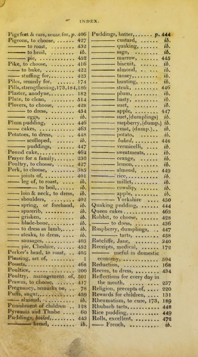 J s IN DEX. Pigs feet & ears, souse for, p. 406 Pigeons, to choose, 427 to roast, 432 ■ — to broil, ib. pie, 452 Pike, to choose, 416 . to bake, ,. 422 stuffing for, 423 Piles, remedy for, 174 Pills, strengthening, 173,18 4,186 Plaster, anodyne, 182 Plate, to clean, 514 Plovers, to choose, 428 to dress, 434 eggs, ib. Plum pudding, 446 cakes, 463 Potatoes, to dress, ...... 448 scolloped, ib. puddings, 447 Poundcake, 462 Prayer for a family, 230 Poultry, to choose, 427 Pork, to choose, 385 joints of, 401 leg of, to roast, .... ib. to boil, ib. loin & neck, to dress, ib. shoulders, 402 ■ spring, or forehand, ib. spa rerib, ib. grisken, ib. blade-bone, ib. to dress as lamb,.... ib. steaks, to dress, .... ib. sausages, 403 ■ pie, Cheshire, 452 Porker’s head, to roast, .. 405 Pleasing, art of, 1 Possets, 468 Poultice, 200 Poultry, management of, 501 Prawns, to choose, 417 Pregnancy, remarks on, .. 78 Puffs, sugar, 459 ——almond, ........... ib. Punishment of children .. 128 Py ramus and Thisbe .... 60 Puddings, boiled, 443 • bread, .. ib. Puddings, batter, p. 444 custard, ib. quaking, ib. sago, ib. marrow, 445 biscuit, ib. almond, ib. tansey, ib. hunting, ib. steak, 446 plum, ib. hasty, ib. suet, ib. apple 447 suet,(dumplings) ib. raspberry, (dump.) ib. yeast, (dump.).. ib. potato, ib. baked, 448 vermicelli, .... ib. sweatmeats, .... ib. ■ orange, ib. lemon, ib. ■ almond, 449 rice ib. millet, ib. cowslip, ib. apple, ib. Yorkshire .... 450 Quaking pudding, 444 Queen cakes 463 Rabbit, to choose, 428 to dress, 436 Raspberry, dumplings, . . 447 tarts, 458 Ratcliffe, Jane, 340 Receipts, medical, 172 useful in domestic economy, 504 Reduction, 168 Reeves, to dress, , 434 Reflections for every day in the month, 237 Religion, precepts of, .... 220 Rewards for children, .... 131 Rheumatism, to cure, 173, 189 Rhubarb tarts, 448 Rice pudding, 449 Rolls, excellent, 472 French, ib.