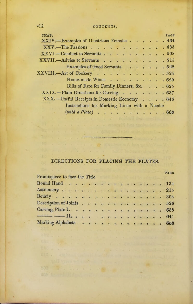 CHAP. PAGE XXIV.—Examples of Illustrious Females ...... 434 XXV.—The Passions 483 XXVI.—Conduct to Servants 508 XXVII.—Advice to Servants 515 Examples of Good Servants 522 XXVIII.—Art of Cookery .524 Home-made Wines 620 Bills of Fare for Family Dinners, &c. . . . 625 XXIX. —Plain Directions for Carving 637 XXX. —Useful Receipts in Domestic Economy .... 646 Instructions for Marking Linen with a Needle (tvith a Plate) . 663 DIRECTIONS FOR PLACING THE PLATES. PAGE Frontispiece to face the Title Round Hand 134 Astronomy 215 Botany * . . 304 Description of Joints 526 Carving, Plate 1 638 II 641 Marking Alphabets $t3