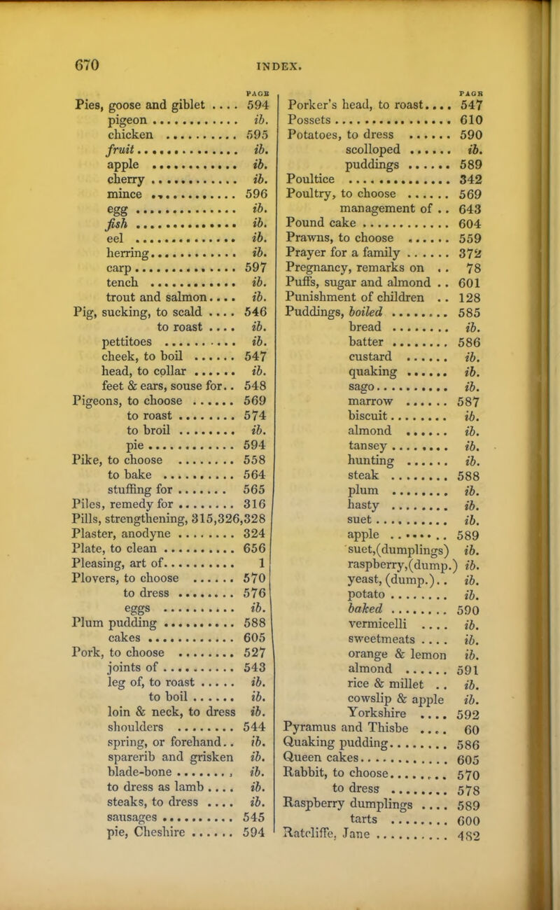 PAGE Pies, goose and giblet .... 594 pigeon ib. chicken 595 fruit ib. apple ib. cherry ib. mince 596 egg ib‘ fish ib. eel ib. herring ib. carp 597 tench ib. trout and salmon.... ib. Pig, sucking, to scald .... 546 to roast .... ib. pettitoes ib. cheek, to boil 547 head, to collar ib. feet & ears, souse for.. 548 Pigeons, to choose 569 to roast 574 to broil ib. pie 594 Pike, to choose 558 to bake 564 stuffing for 565 Piles, remedy for 316 Pills, strengthening, 315,326,328 Plaster, anodyne 324 Plate, to clean 656 Pleasing, art of 1 Plovers, to choose 570 to dress 576 eggs ib. Plum pudding 588 cakes 605 Pork, to choose 527 joints of 543 leg of, to roast ib. to boil ib. loin & neck, to dress ib. shoulders 544 spring, or forehand.. ib. sparerib and grisken ib. blade-bone ib. to dress as lamb .... ib. steaks, to dress .... ib. sausages 545 pie, Cheshire 594 PAGE Porker’s head, to roast.... 547 Possets 610 Potatoes, to dress 590 scolloped ib. puddings 589 Poultice 342 Poultry, to choose 569 management of .. 643 Pound cake 604 Prawns, to choose 559 Prayer for a family 372 Pregnancy, remarks on . . 78 Puffs, sugar and almond .. 601 Punishment of children .. 128 Puddings, boiled 585 bread ib. batter 586 custard ib. quaking ib. sago ib. marrow 587 biscuit ib. almond ib. tansey ........ ib. hunting ib. steak 588 plum ib. hasty ib. suet ib. apple ........ 589 suet,(dumplings) ib. raspberry,(dump.) ib. yeast, (dump.). . ib. potato ib. baked 590 vermicelli ib. sweetmeats .... ib. orange & lemon ib. almond 591 rice & millet .. ib. cowslip & apple ib. Yorkshire .... 592 Pyramus and Thisbe .... GO Quaking pudding 586 Queen cakes 605 Rabbit, to choose 570 to dress 573 Raspberry dumplings 5S9 tarts 600 Ratcliffe, Jane 482