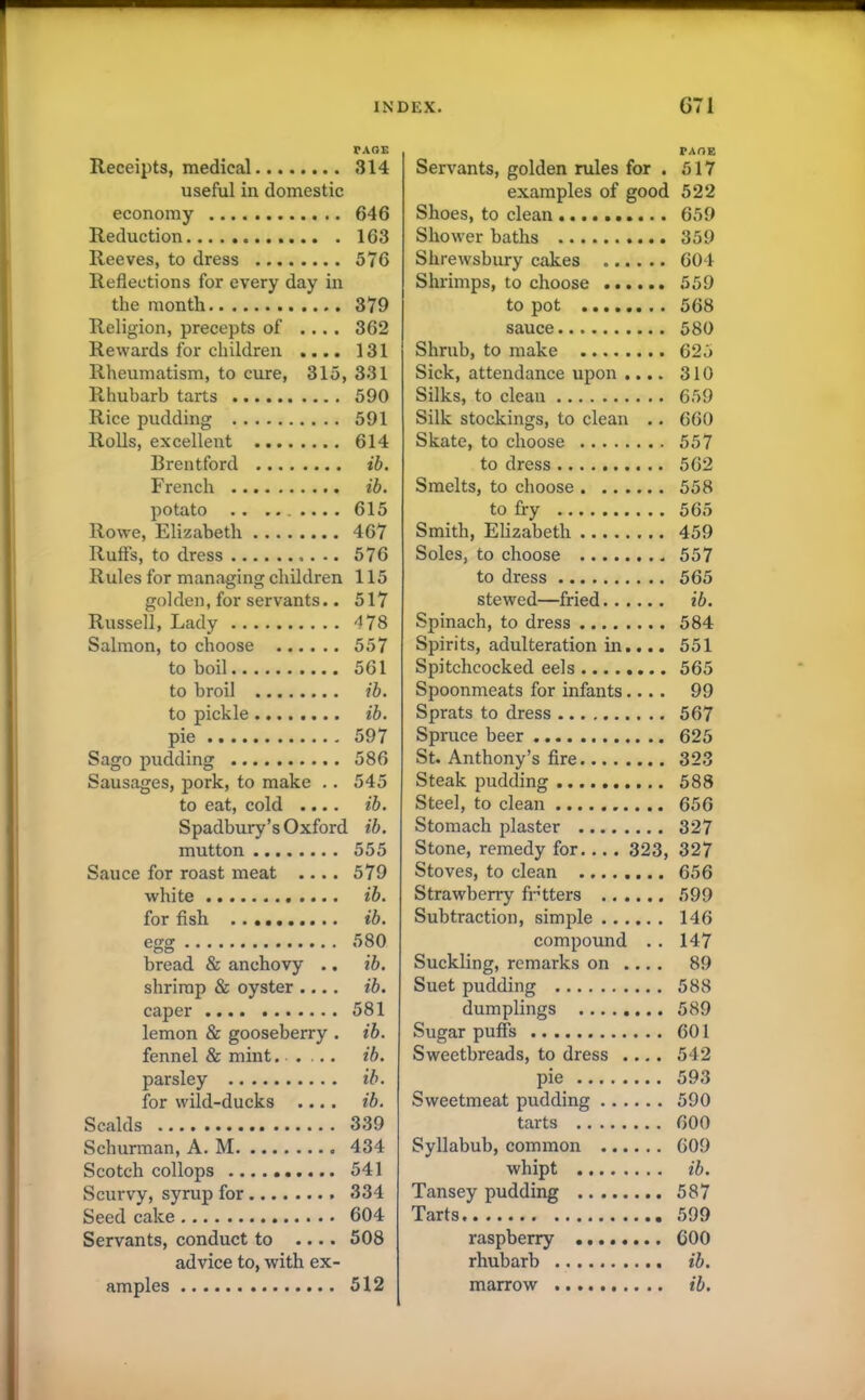 Receipts, medical useful in domestic economy Reduction . Reeves, to dress Reflections for every day in the month Religion, precepts of .... Rewards for children .... Rheumatism, to cure, 315, Rhubarb tarts Rice pudding Rolls, excellent Brentford French potato Rowe, Elizabeth Rufls, to dress Rules for managing children golden, for servants.. Russell, Lady Salmon, to choose to boil to broil to pickle pie Sago pudding Sausages, pork, to make .. to eat, cold .... Spadbury’s Oxford mutton Sauce for roast meat .... white for fish bread & anchovy .. shrimp & oyster .... caper lemon & gooseberry . fennel & mint. . ... parsley for wild-ducks .... Scalds Schurman, A. M Scotch collops Scurvy, syrup for Seed cake Servants, conduct to .... advice to, with ex- amples PAGE Servants, golden rules for . 517 examples of good 522 Shoes, to clean 659 Shower baths 359 Shrewsbury cakes 604 Shrimps, to choose 559 to pot 568 sauce 580 Shrub, to make 625 Sick, attendance upon .... 310 Silks, to clean 659 Silk stockings, to clean .. 660 Skate, to choose 557 to dress 562 Smelts, to choose 558 to fry 565 Smith, Elizabeth 459 Soles, to choose 557 to dress 565 stewed—fried ib. Spinach, to dress 584 Spirits, adulteration in.... 551 Spitchcocked eels ........ 565 Spoonmeats for infants.... 99 Sprats to dress 567 Spruce beer 625 St. Anthony’s fire 323 Steak pudding 588 Steel, to clean 656 Stomach plaster 327 Stone, remedy for... . 323, 327 Stoves, to clean 656 Strawberry fr'tters 599 Subtraction, simple 146 compound .. 147 Suckling, remarks on .... 89 Suet pudding 588 dumplings 589 Sugar puffs 601 Sweetbreads, to dress .... 542 pie 593 Sweetmeat pudding 590 tarts 600 Syllabub, common 609 whipt ib. Tansey pudding 587 Tarts 599 raspberry COO rhubarb ib. marrow ib. TAGE 314 646 163 576 379 362 131 331 590 591 614 ib. ib. 615 467 576 115 517 478 557 561 ib. ib. 597 586 545 ib. ib. 555 579 ib. ib. 580 ib. ib. 581 ib. ib. ib. ib. 339 434 541 334 604 508 512