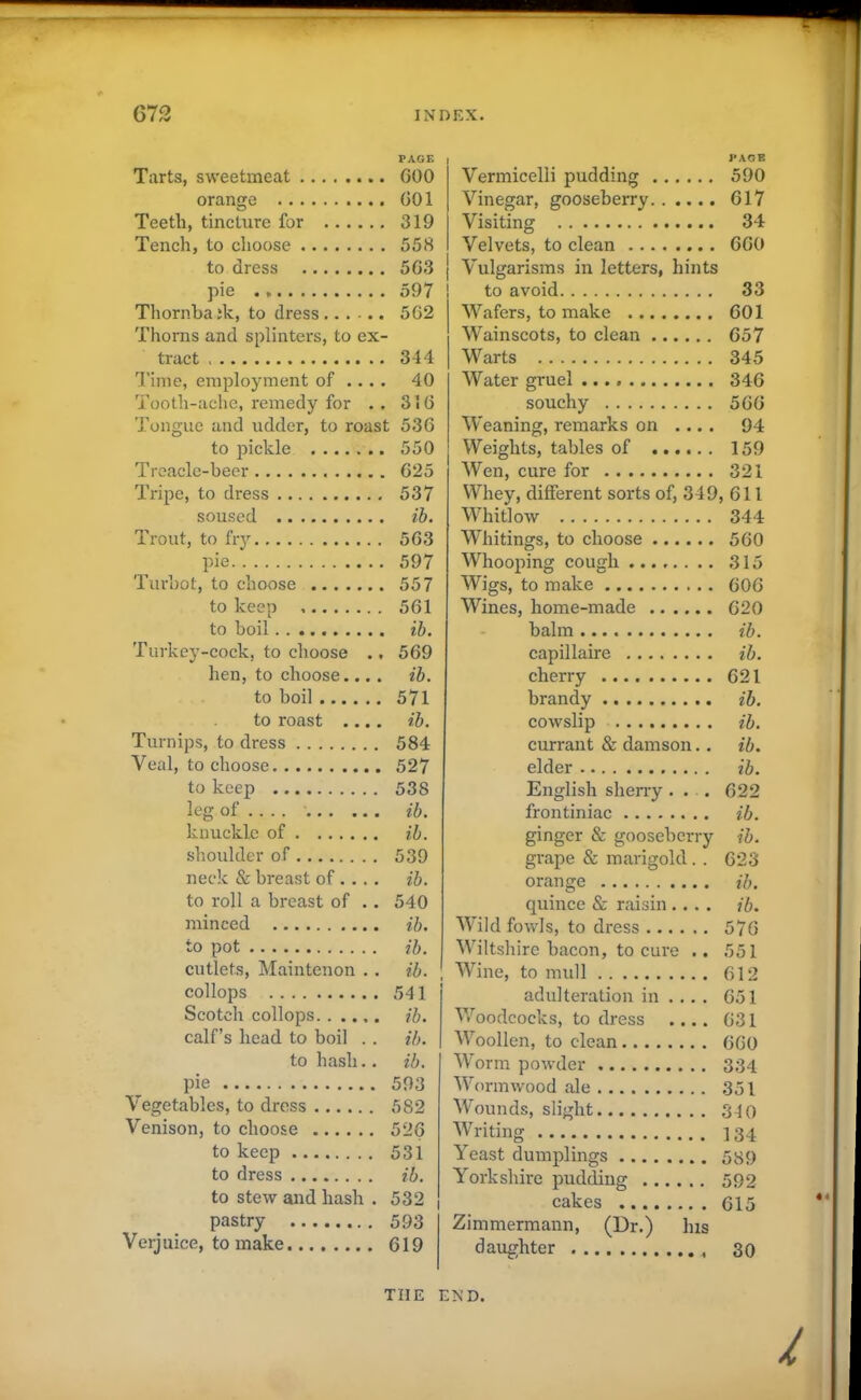 PAGE Tarts, sweetmeat GOO orange 001 Teetli, tincture for 319 Tench, to choose 558 to dress 5G3 pie 597 Thornba ;k, to dress ...... 5G2 Thorns and splinters, to ex- tract 344 Time, employment of ... . 40 Tooth-ache, remedy for .. 316 Tongue and udder, to roast 536 to pickle 550 Treacle-beer G25 Tripe, to dress 537 soused ib. Trout, to fry 5G3 pie 597 Turbot, to choose 557 to keep 561 to boil ib. Turkey-cock, to choose ., 569 hen, to choose.... ib. to boil 571 to roast .... ib. Turnips, to dress 584 Veal, to choose 527 to keep 538 leg of ib. knuckle of ib. shoulder of 539 neck & breast of.... ib. to roll a breast of . . 540 minced ib. to pot ib. cutlets, Maintenon . . ib. collops 541 Scotch collops ib. calf’s head to boil . . ib. to hash., ib. pie 593 Vegetables, to dress 582 Venison, to choose 526 to keep 531 to dress ib. to stew and hash . 532 pastry 593 Verjuice, to make 619 PAGE Vermicelli pudding 590 Vinegar, gooseberry 617 Visiting 34 Velvets, to clean 660 Vulgarisms in letters, hints to avoid 33 Wafers, to make 601 Wainscots, to clean 657 Warts 345 Water gruel 346 souchy 566 Weaning, remarks on .... 94 Weights, tables of 159 Wen, cure for 321 Whey, different sorts of, 349, 611 Whitlow 344 Whitings, to choose 560 Whooping cough 315 Wigs, to make 606 Wines, home-made 620 balm ib. capillaire ib. cherry 621 brandy ib. cowslip ib. currant & damson.. ib. elder ib. English sherry. . . 622 frontiniac ib. ginger & gooseberry ib. grape & marigold. . 623 orange ib. quince & raisin .... ib. Wild fowls, to dress 576 Wiltshire bacon, to cure .. 551 Wine, to mull 612 adulteration in ... . 651 Woodcocks, to dress .... 631 Woollen, to clean 660 Worm powder 334 Wormwood ale 351 Wounds, slight 3-10 Writing 134 Yeast dumplings 539 Yorkshire pudding 599, cakes 615 Zimmermann, (Dr.) Ins daughter 30 TIIE END.