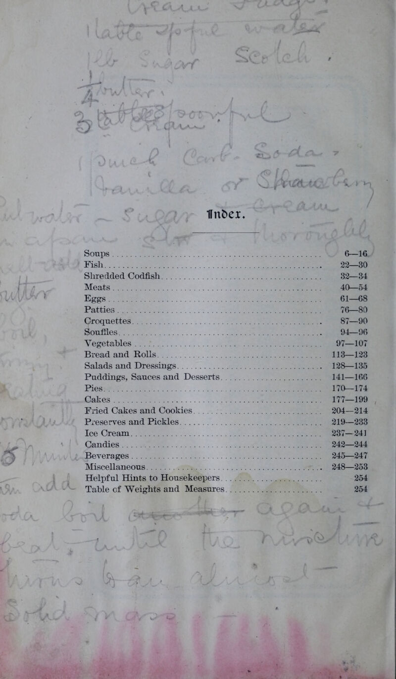 Soups 6—16 Fish 22—30 Shredded Codfish 32—34 Meats 40—54 Eggs 61—68 Patties 76—80 Croquettes 87—90 Souffles 94—96 Vegetables 97—107 Bread and Rolls 113—123 Salads and Dressings 128—135 Puddings, Sauces and Desserts 141—166 Pies 170—174 Cakes 177—199 Fried Cakes and Cookies 204—214 Preserves and Pickles 219—233 Ice Cream 237—241 Candies 242—244 Beverages 245—247 Miscellaneous 248—253 Helpful Hints to Housekeepers 254 Table of Weights and Measures 254 v yi