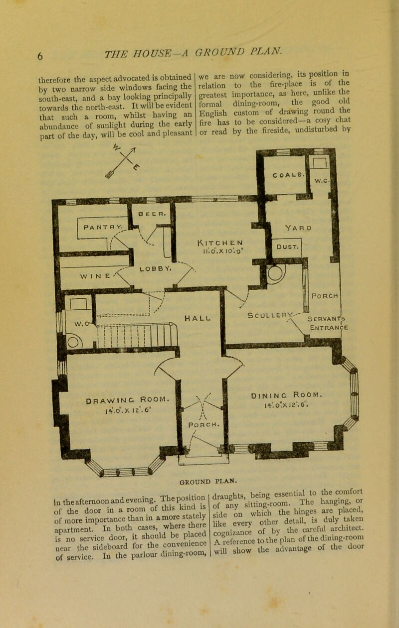 THE HOUSE—A GROUND PLAN. therefore the aspect advocated is obtained by two narrow side windows facing the south-east, and a bay looking principally towards the north-cast. It will be evident that such a room, whilst having an abundance of sunlight during the early part of the day, will be cool and pleasant we arc now considering, its position in relation to the fire-place is of the greatest importance, as here, unlike the formal dining-room, the good old English custom of drawing round the fire has to be considered—a cosy chat or read by the fireside, undisturbed by GROUND PLAN. in the afternoon and evening. The position of the door in a room of this kind is of more importance than in a more state y apartment. In both cases, where there is no service door, it should be placed near the sideboard for the convenience of service. In the parlour dining-room, draughts, being essential to the comfort of any sitting-room. The hanging, or side on which the hinges are placed, like every other detail, is duly taken cognizance of by the careful architect. A reference to the plan of the dining-room will show the advantage of the door