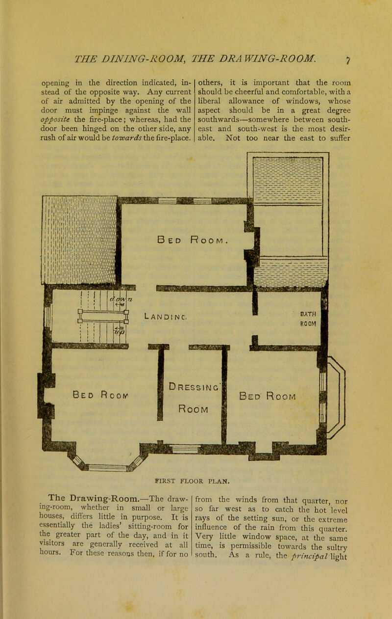 opening in the direction indicated, in- stead of the opposite way. Any current of air admitted by the opening of the door must impinge against the wall opposite the fire-place; whereas, had the door been hinged on the other side, any rash of air would be towards the fire-place. others, it is important that the room should be cheerful and comfortable, with a liberal allowance of windows, whose aspect should be in a great degree southwards—somewhere between south- east and south-west is the most desir- able. Not too near the east to suffer FIRST FLOOR PLAN. The Drawing-Room.—The draw- ing-room, whether in small or large houses, differs little in purpose. It is essentially the ladies’ sitting-room for the greater part of the day, and in it visitors are generally received at all hours. For these reasons then, if for no from the winds from that quarter, nor so far west as to catch the hot level rays of the setting sun, or the extreme influence of the rain from this quarter. Very little window space, at the same time, is permissible towards the sultry south. As a rule, the principal light