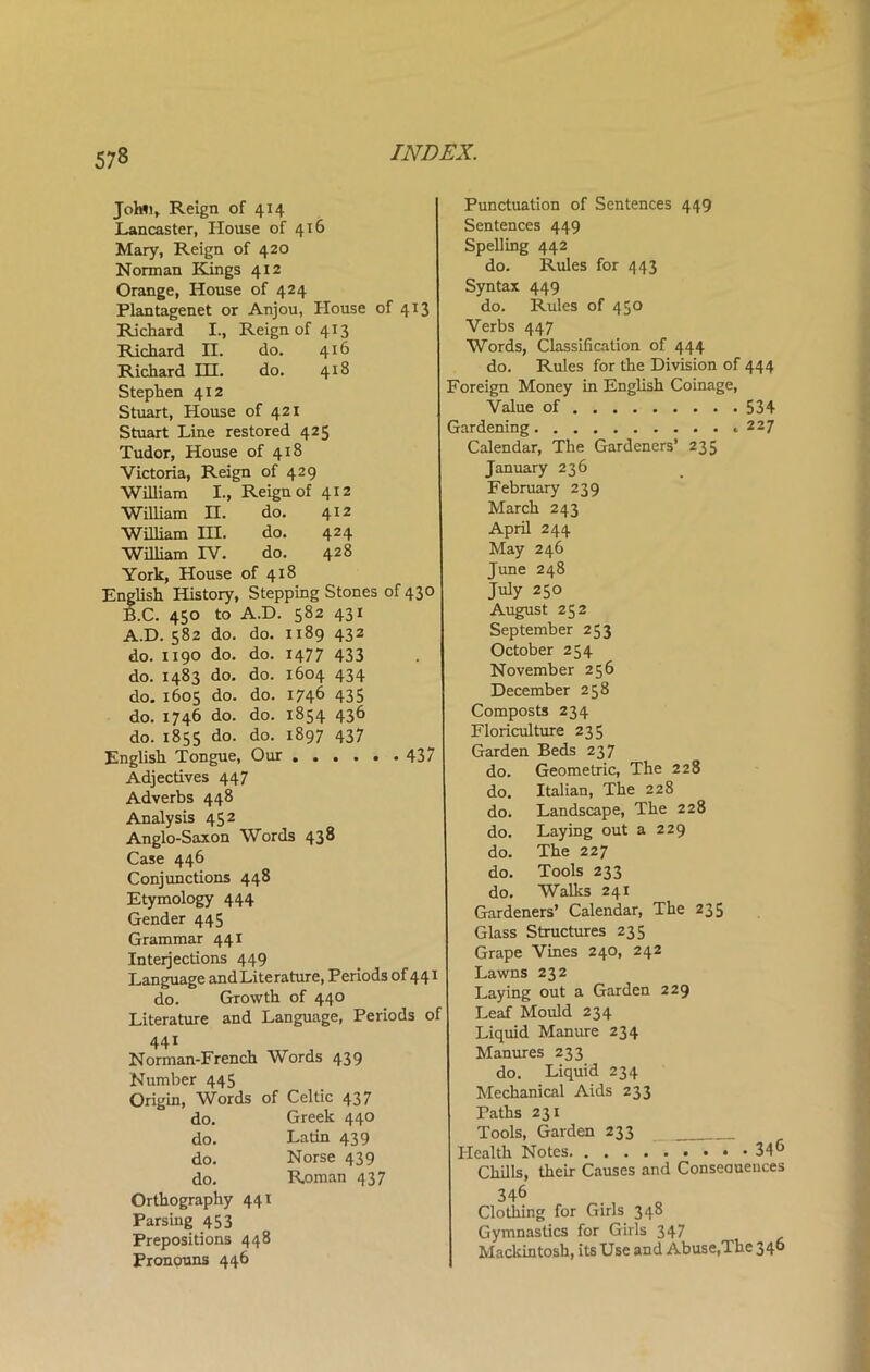 John, Reign of 414 Lancaster, House of 416 Mary, Reign of 420 Norman Kings 412 Orange, House of 424 Plantagenet or Anjou, House of 413 Richard I., Reign of 413 Richard H. do. 416 Richard HI. do. 418 Stephen 412 Stuart, House of 421 Stuart Line restored 425 Tudor, House of 418 Victoria, Reign of 429 William I., Reign of 412 William II. do. 412 William III. do. 424 William IV. do. 428 York, House of 4x8 English History, Stepping Stones of 430 B.C. 450 to A.D. 582 431 A.D. 582 do. do. 1189 432 do. 1190 do. do. 1477 433 do. 1483 do. do. 1604 434 do. 1605 do. do. 1746 435 do. 1746 do. do. 1854 436 do. 1855 do. do. 1897 437 English Tongue, Our 437 Adjectives 447 Adverbs 448 Analysis 452 Anglo-Saxon Words 438 Case 446 Conjunctions 448 Etymology 444 Gender 445 Grammar 441 Interjections 449 Language and Literature, Periods of 441 do. Growth of 440 Literature and Language, Periods of 441 Norman-French Words 439 Number 445 Origin, Words of Celtic 437 do. Greek 440 do. Latin 439 do. Norse 439 do. Roman 437 Orthography 441 Parsing 453 Prepositions 448 Pronouns 446 Punctuation of Sentences 449 Sentences 449 Spelling 442 do. Rules for 443 Syntax 449 do. Rules of 450 Verbs 447 Words, Classification of 444 do. Rules for the Division of 444 Foreign Money in English Coinage, Value of 534 Gardening ,227 Calendar, The Gardeners’ 235 January 236 February 239 March 243 April 244 May 246 June 248 July 250 August 252 September 253 October 254 November 256 December 258 Composts 234 Floriculture 235 Garden Beds 237 do. Geometric, The 228 do. Italian, The 228 do. Landscape, The 228 do. Laying out a 229 do. The 227 do. Tools 233 do. Walks 241 Gardeners’ Calendar, The 235 Glass Structures 235 Grape Vines 240, 242 Lawns 232 Laying out a Garden 229 Leaf Mould 234 Liquid Manure 234 Manures 233 do. Liquid 234 Mechanical Aids 233 Paths 231 Tools, Garden 233 Health Notes 34& Chills, their Causes and Conseauences 346 Clothing for Girls 348 Gymnastics for Girls 347 Mackintosh, its Use and Abuse,The 340