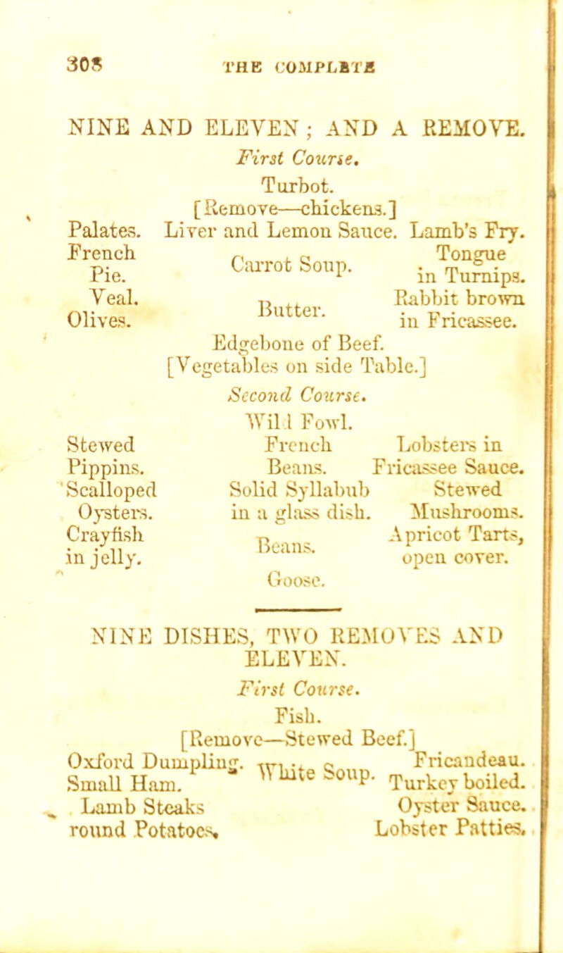 THE fOJlPLBTa SOS NINE AND ELEVEN ; AND A REMOVE. First Course. Turbot. [ Remove—chickens. ] Liver and Lemon Sauce. Lamb’s Fry. Cai-rot Soup. i/Sps. ij .. Rabbit brotvn Butter. Fricassee. Edgeboue of Beef. [Vegetables on side Table.] Second Course. Wil 1 Foul. French Lobstere in Beaus. Frica.ssee Sauce. Solid Syllabub Stewed in a glass dish. Mushrooms. T) Apricot Tarts, open cover. Goose. Palate.s. French Pie. Veal. 01ive.s. Stewed Pippius. ' Scalloped Oysters. Crayli.sh in jelly. NINE DISHES, TWO REMOVES AND ELEVEN. First Course. Fish. [Remove—Stewed Beef.] Oxford DumpLiujr. c„.. Fricandeau. .Small Ham. Soup. I..amb Steaks Oyster Sauce, round Potatoc-s Lobster Patties..
