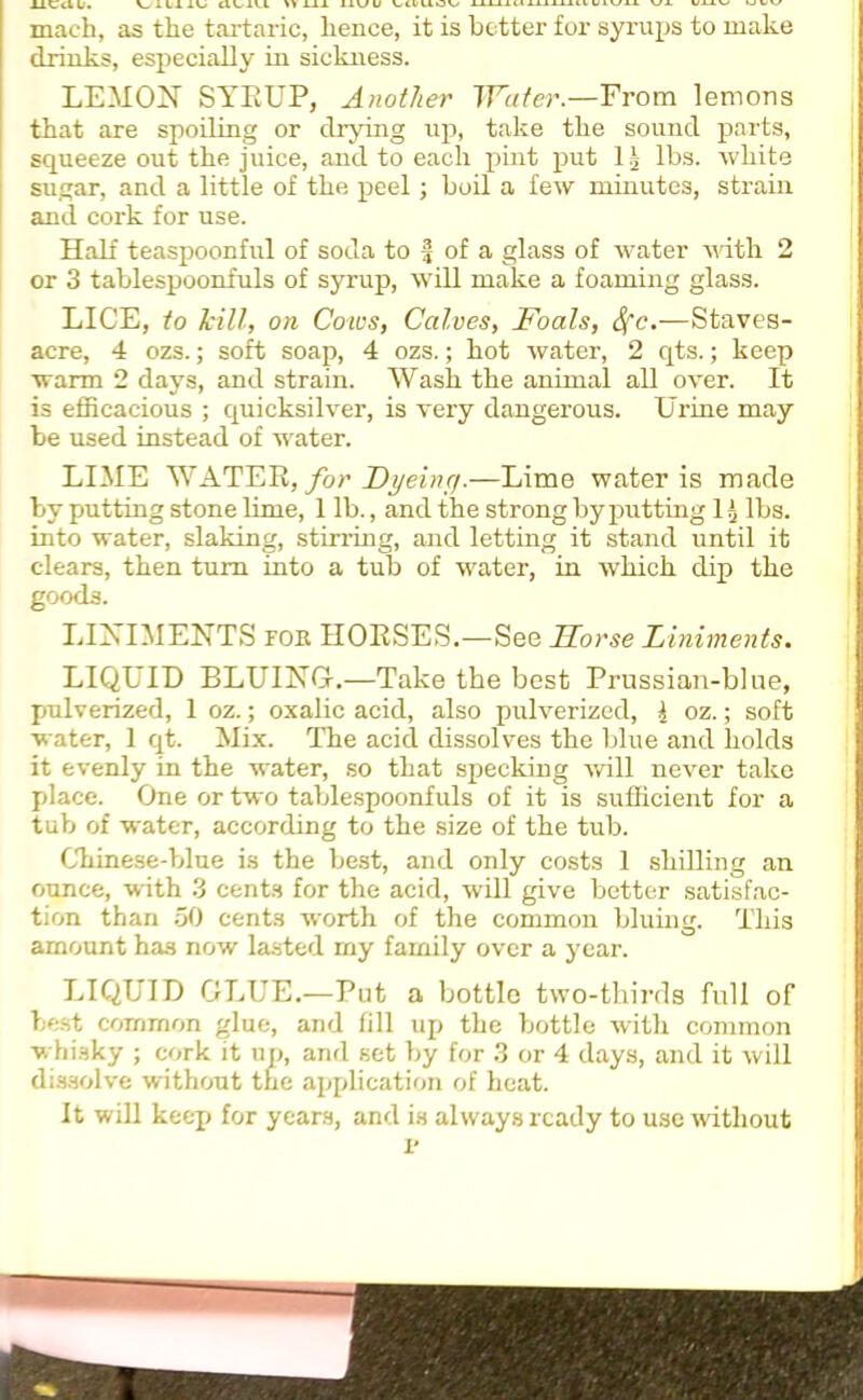 llCcl l. 1 LI Cl IV-1 »» lil UL/U V.CI/UOV/ liuiumuiui/iun vx uxiv uwv/ mach, as the tartaric, hence, it is better for syrups to make drinks, especially in sickness. LEMON SYRUP, Another Water.—From lemons that are spoiling or drying up, take the sound parts, squeeze out the juice, and to each pint put l.j lbs. white sugar, and a little of the peel; boil a few minutes, strain and cork for use. Half teaspoonful of soda to | of a glass of water with 2 or 3 tablespoonfuls of syrup, will make a foaming glass. LICE, to kill, on Cotvs, Calves, Foals, Staves- acre, 4 ozs.; soft soap, 4 ozs.; hot water, 2 qts.; keep warm 2 days, and strain. Wash the animal all over. It is efficacious ; quicksilver, is very dangerous. Urine may be used instead of water. LIME WATER, for Dyeing.—Lime water is made by putting stone lime, 1 lb., and the strong by putting 1 f, lbs. into water, slaking, stirring, and letting it stand until it clears, then turn into a tub of water, in which dip the goods. LINIMENTS foe HORSES.—See Horse Liniments. LIQUID BLUING.—Take the best Prussian-blue, pulverized, 1 oz.; oxalic acid, also pulverized, { oz.; soft water, 1 qt. Mix. The acid dissolves the blue and holds it evenly in the water, so that specking will never take place. One or two tablespoonfuls of it is sufficient for a tub of water, according to the size of the tub. Chinese-blue is the best, and only costs 1 shilling an ounce, with 3 cents for the acid, will give better satisfac- tion than 50 cents worth of the common bluing. This amount has now lasted my family over a year. LIQUID GLUE.—Put a bottle two-thirds full of best common glue, and fill up the bottle with common whisky ; cork it up, and set by for 3 or 4 days, and it will dissolve without the application of heat. It will keep for years, and is always ready to use without i'