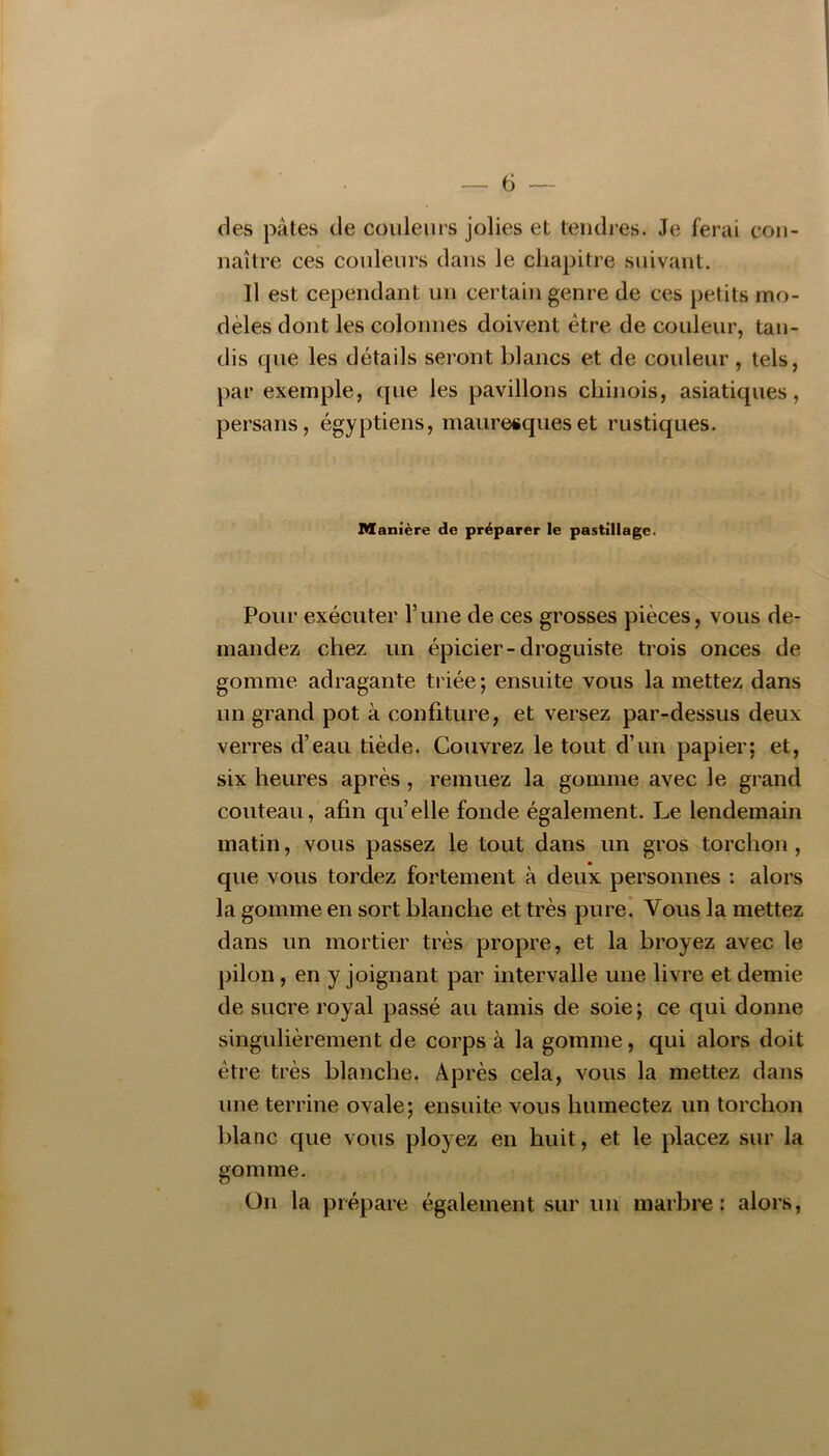 des pâtes de couleurs jolies et tendres. Je ferai con- naître ces couleurs dans le chapitre suivant. Il est cependant un certain genre de ces petits mo- dèles dont les colonnes doivent être de couleur, tan- dis cpie les détails seront blancs et de couleur , tels, par exemple, que les pavillons chinois, asiatiques, persans, égyptiens, mauresques et rustiques. Manière de préparer le pastillage. Pour exécuter l’une de ces grosses pièces, vous de- mandez chez un épicier-droguiste trois onces de gomme adragante triée ; ensuite vous la mettez dans un grand pot à confiture, et versez par-dessus deux verres d’eau tiède. Couvrez le tout d’un papier; et, six heures après, remuez la gomme avec le grand couteau, afin quelle fonde également. Le lendemain matin, vous passez le tout dans un gros torchon, que vous tordez fortement à deux personnes : alors la gomme en sort blanche et très pure! Vous la mettez dans un mortier très propre, et la broyez avec le pilon, en y joignant par intervalle une livre et demie de sucre royal passé au tamis de soie; ce qui donne singulièrement de corps à la gomme, qui alors doit être très blanche. Après cela, vous la mettez dans une terrine ovale; ensuite vous humectez un torchon blanc que vous ployez en huit, et le placez sur la gomme. ün la prépare également sur un marbre: alors,