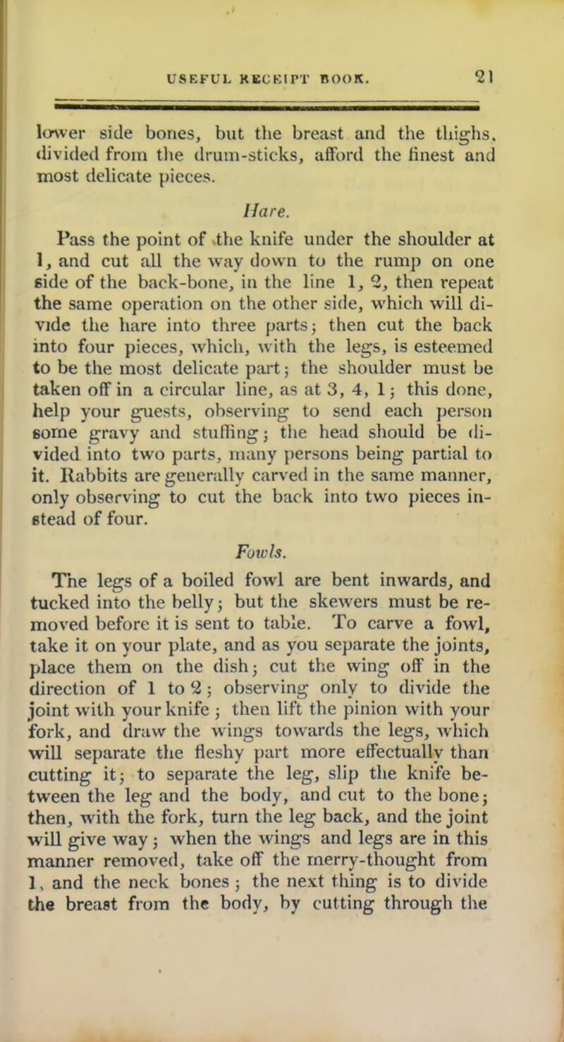 2\ ———-— m '  ' i ~i lower side bones, but tlie breast and the thighs, divided from the drum-sticks, afford the finest and most delicate pieces. Hare. Pass the point of -the knife under the shoulder at 1, and cut all the way down to the rump on one 6ide of the back-bone, in the line 1, 2, then repeat the same operation on the other side, which will di- vide the hare into three parts; then cut the back into four pieces, which, with the legs, is esteemed to be the most delicate part; the shoulder must be taken off in a circular line, as at 3,4,1; this done, help your guests, observing to send each person 8orne gravy and stuffing j the head should be di- vided into two parts, many persons being partial to it. Rabbits are generally carved in the same manner, only observing to cut the back into two pieces in- stead of four. Fowls. The legs of a boiled fowl are bent inwards, and tucked into the belly; but the skewers must be re- moved before it is sent to table. To carve a fowl, take it on your plate, and as you separate the joints, place them on the dish; cut the wing off in the direction of 1 to 2; observing only to divide the joint with your knife ; then lift the pinion with your fork, and draw the wings towards the legs, which wall separate the fleshy part more effectually than cutting it; to separate the leg, slip the knife be- tween the leg and the body, and cut to the bone; then, with the fork, turn the leg back, and the joint will give way; when the wings and legs are in this manner removed, take off the rnerry-thought from 1, and the neck bones ; the next thing is to divide the breast from the body, by cutting through the