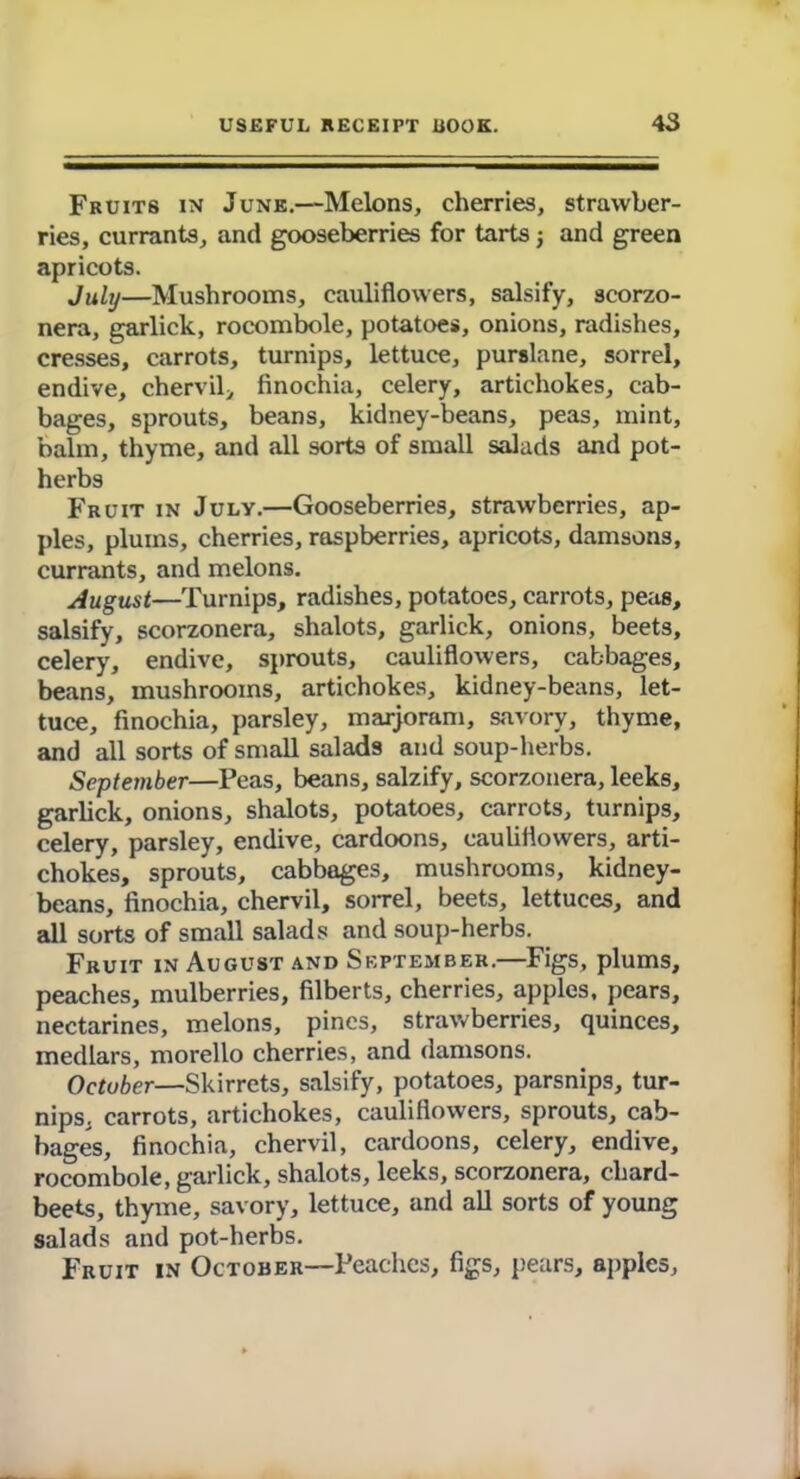 Fruits in June.—Melons, cherries, strawber- ries, currants, and gooseberries for tarts ■, and green apricots. July—Mushrooms, cauliflowers, salsify, scorzo- nera, garlick, rocombole, potatoes, onions, radishes, cresses, carrots, turnips, lettuce, purslane, sorrel, endive, chervil;, finochia, celery, artichokes, cab- bages, sprouts, beans, kidney-beans, peas, mint, balm, thyme, and all sorts of small salads and pot- herbs Fruit in July.—Gooseberries, strawberries, ap- ples, plums, cherries, raspberries, apricots, damsons, currants, and melons. August—Turnips, radishes, potatoes, carrots, peas, salsify, scorzonera, shalots, garlick, onions, beets, celery, endive, sprouts, cauliflowers, cabbages, beans, mushrooms, artichokes, kidney-beans, let- tuce, finochia, parsley, marjoram, savory, thyme, and all sorts of small salads and soup-herbs. September—Peas, beans, salzify, scorzonera, leeks, garlick, onions, shalots, potatoes, carrots, turnips, celery, parsley, endive, cardoons, cauliflowers, arti- chokes, sprouts, cabbages, mushrooms, kidney- beans, finochia, chervil, sorrel, beets, lettuces, and all sorts of small salads and soup-herbs. Fruit in August and September.—Figs, plums, peaches, mulberries, filberts, cherries, apples, pears, nectarines, melons, pines, strawberries, quinces, medlars, morello cherries, and damsons. Octuber—Skirrets, salsify, potatoes, parsnips, tur- nips, carrots, artichokes, cauliflowers, sprouts, cab- bages, finochia, chervil, cardoons, celery, endive, rocombole, garlick, shalots, leeks, scorzonera, chard- beets, thyme, savory, lettuce, and all sorts of young salads and pot-herbs. Fruit in October—Peaches, figs, pears, apples.