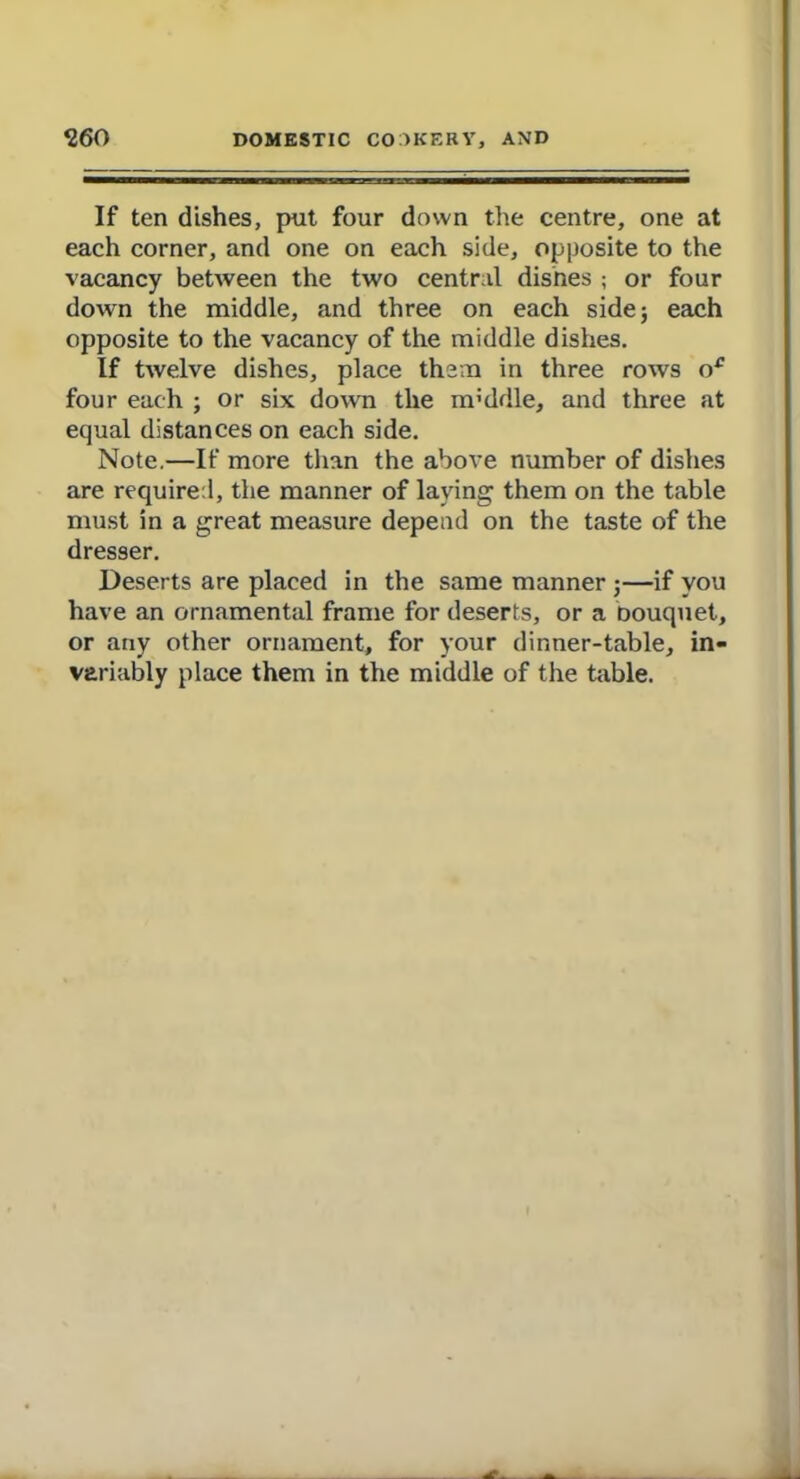 If ten dishes, put four down the centre, one at each corner, and one on each side, opposite to the vacancy between the two central dishes ; or four down the middle, and three on each side; each opposite to the vacancy of the middle dishes. If twelve dishes, place them in three rows oc four each ; or six down the m;ddle, and three at equal distances on each side. Note.—If more than the above number of dishes are required, the manner of laying them on the table must in a great measure depend on the taste of the dresser. Deserts are placed in the same manner ;—if you have an ornamental frame for deserts, or a bouquet, or any other ornament, for your dinner-table, in- variably place them in the middle of the table.