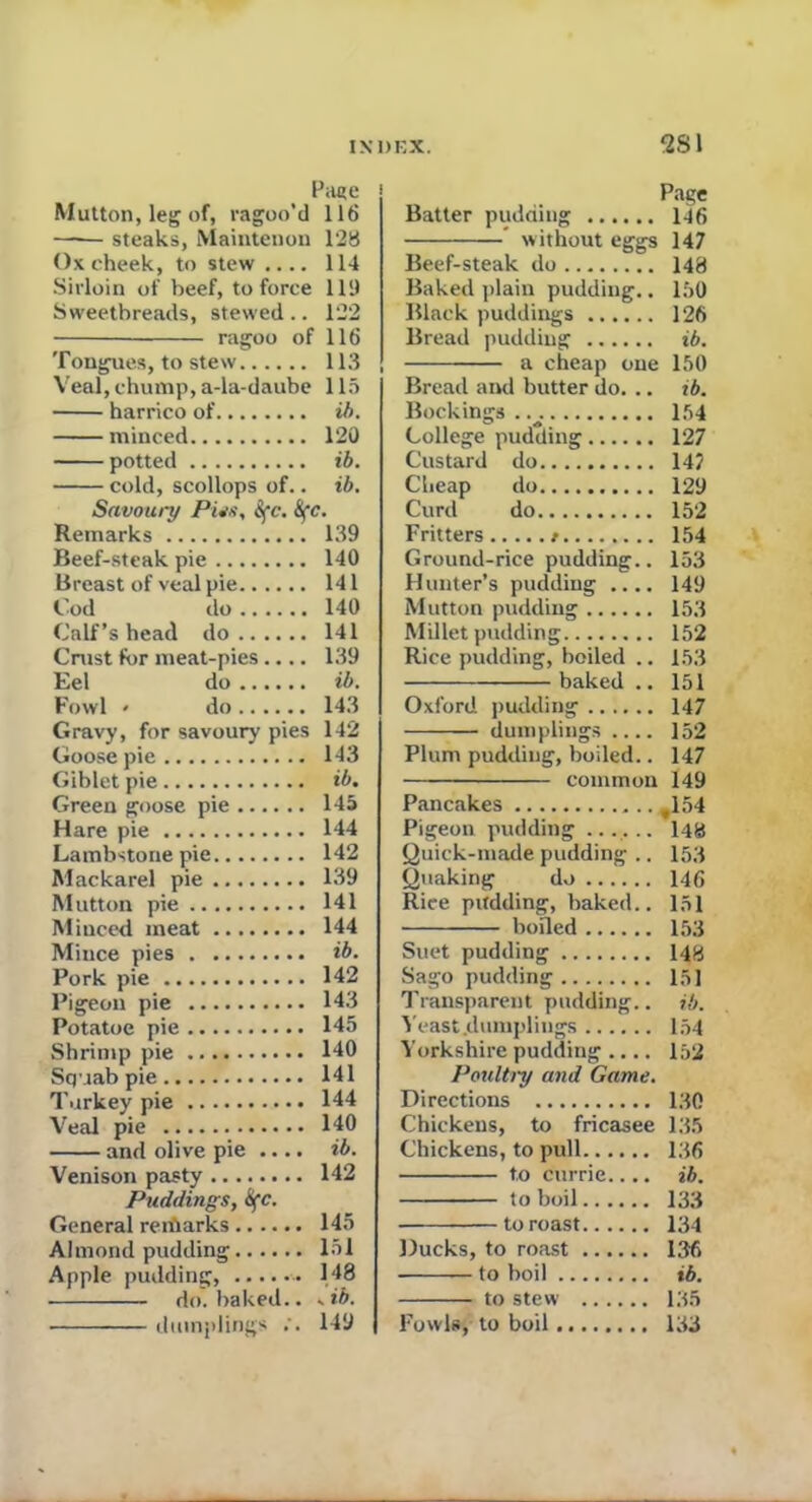 Fa«e Mutton, leg of, ragoo'd 116 steaks, Maintenou 128 Ox cheek, to stew .... 114 Sirloin of beef, to force 111) Sweetbreads, stewed .. 122 ragoo of 116 Tongues, to stew 113 Veal, chump, a-la-daube 115 harrico of ib. minced 120 potted ib. cold, scollops of.. ib. Savoury Piss, Sfc. Hfc. Remarks 139 Beef-steak pie 140 Breast of veal pie 141 Cod do 140 Calf’s head do 141 Crust for meat-pies.... 139 Eel do ib. Fowl * do 143 Gravy, for savoury pies 142 Goose pie 143 Giblet pie ib. Green goose pie 145 Hare pie 144 Lambstone pie 142 Mackarel pie 139 Mutton pie 141 Minced meat 144 Mince pies ib. Pork pie 142 Pigeon pie 143 Potatoe pie 145 Shrimp pie 140 Squab pie 141 Turkey pie 144 Veal pie 140 and olive pie .... ib. Venison pasty 142 Puddings, <Sfc. General remarks 145 Almond pudding 151 Apple pudding, 148 do. baked., -ib. dumplings ;. 149 Page Batter pudding 146 without eggs 147 Beef-steak do 148 Baked plain pudding.. 150 Black puddings 126 Bread pudding ib. a cheap one 150 Bread and butter do. .. ib. Bookings . v 154 College pudding 127 Custard do 147 Cheap do 129 Curd do 152 Fritters / 154 Ground-rice pudding.. 153 Hunter’s pudding .... 149 Mutton pudding 153 Millet pudding 152 Rice pudding, boiled .. 153 baked .. 151 Oxford pudding 147 dumplings 152 Plum pudding, boiled.. 147 common 149 Pancakes ,154 Pigeon pudding ...... 148 Quick-made pudding .. 153 Quaking do 146 Rice pudding, baked.. 151 boiled 153 Suet pudding 148 Sago pudding 151 Transparent pudding.. ib. Yeast.dumplings 154 Yorkshire pudding .... 152 Poultry and Game. Directions 130 Chickens, to fricasee 135 Chickens, to pull 136 to currie.... ib. to boil 133 to roast 134 Ducks, to roast 136 to boil ib. to stew 135 Fowls, to boil 133