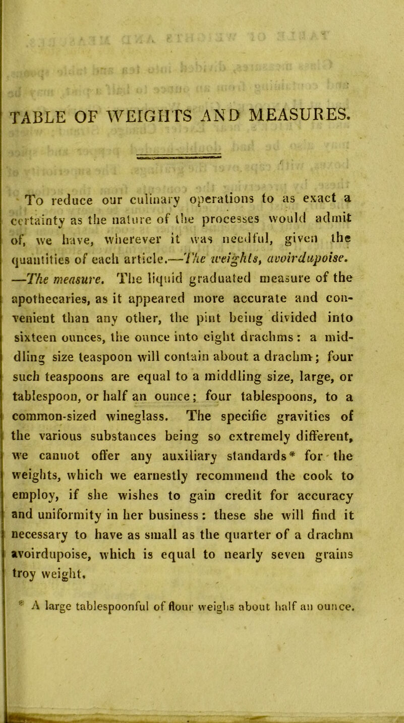 TABLE OF WEIGHTS AND MEASURES. To reduce our culinary operations to as exact a certainty as the nature of the processes would admit of, we have, wherever it was needful, given the quantities of each article.—The weights, avoirdupoise. —The measure. The liquid graduated measure of the apothecaries, as it appeared more accurate and con- venient than any other, the pint being divided into sixteen ounces, the ounce into eight drachms: a mid- dling size teaspoon will contain about a drachm; four such teaspoons are equal to a middling size, large, or tablespoon, or half an ounce; four tablespoons, to a common-sized wineglass. The specific gravities of the various substances being so extremely different, we cannot offer any auxiliary standards* for the weights, which we earnestly recommend the cook to employ, if she wishes to gain credit for accuracy and uniformity in her business: these she will find it necessary to have as small as the quarter of a drachm avoirdupoise, which is equal to nearly seven grains troy weight, * A large tablespoonful of flour weighs about half an ounce.