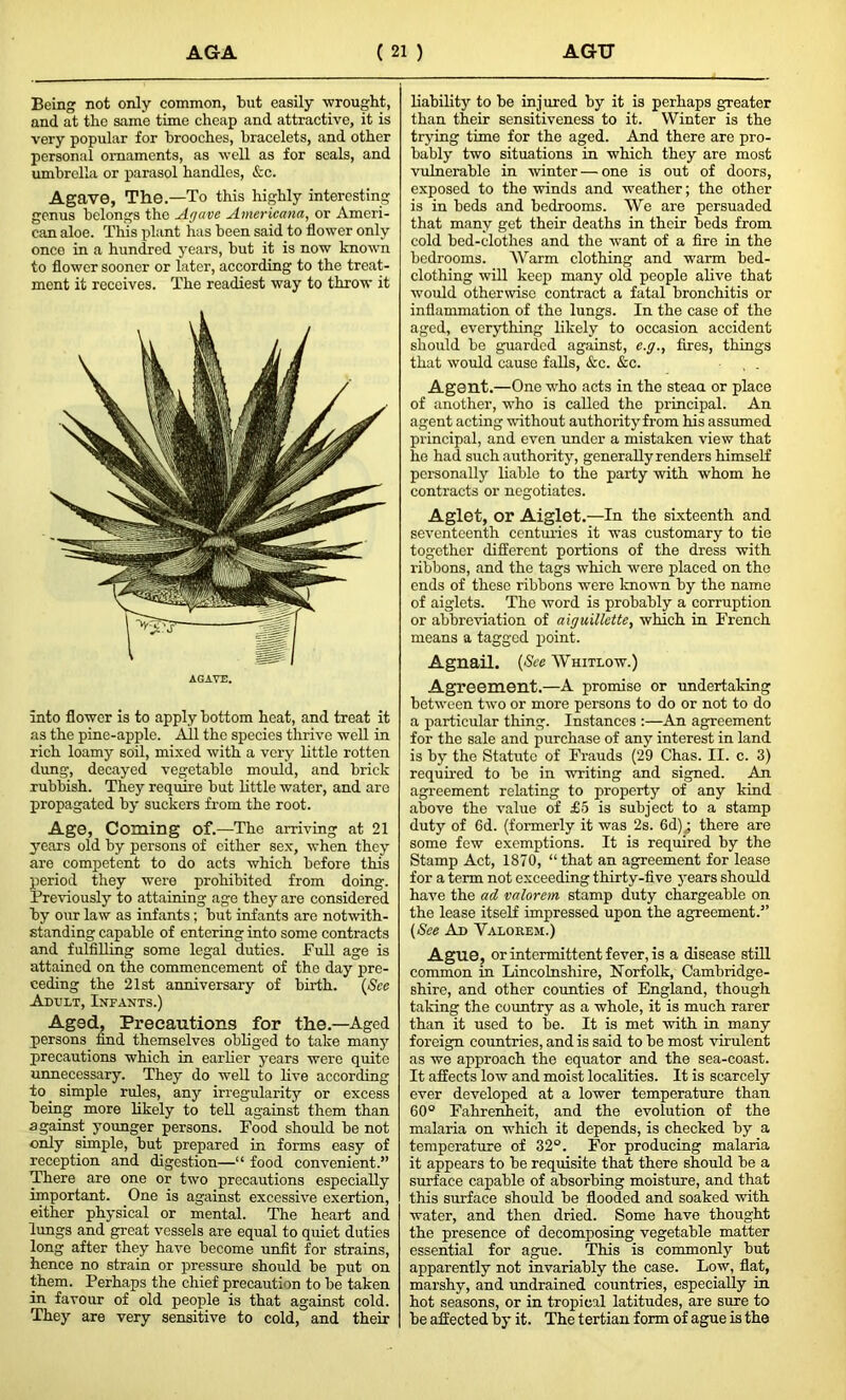 Being not only common, but easily wrought, and at the same time cheap and attractive, it is very popular for brooches, bracelets, and other personal ornaments, as well as for seals, and umbrella or parasol handles, &c. Agave, The.—To this highly interesting genus belongs the Agave Americana, or Ameri- can aloe. This plant has been said to flower only once in a hundred years, but it is now known to flower sooner or later, according to the treat- ment it receives. The readiest way to throw it AGAVE. into flower is to apply bottom heat, and treat it as the pine-apple. All the species thrive well in rich loamy soil, mixed with a very little rotten dung, decayed vegetable mould, and brick rubbish. They require but little water, and are propagated by suckers from the root. Age, Coining of.—The arriving at 21 years old by persons of either sex, when they are competent to do acts which before this period they were prohibited from doing. Previously to attaining age they are considered by our law as infants; but infants arc notwith- standing capable of entering into some contracts and fulfilling some legal duties. Full age is attained on the commencement of the day pre- ceding the 21st anniversary of birth. (See Adult, Infants.) Aged, Precautions for the.—Aged persons find themselves obliged to take many precautions which in earlier years were quite unnecessary. They do well to live according to simple rules, any irregularity or excess being more likely to tell against them than against younger persons. Food should be not only simple, but prepared in forms easy of reception and digestion—“ food convenient.” There are one or two precautions especially important. One is against excessive exertion, either physical or mental. The heart and lungs and great vessels are equal to quiet duties long after they have become unfit for strains, hence no strain or pressure should be put on them. Perhaps the chief precaution to be taken in favour of old people is that against cold. They are very sensitive to cold, and their liability to be injured by it is perhaps greater than their sensitiveness to it. Winter is the trying time for the aged. And there are pro- bably two situations in which they are most vulnerable in winter — one is out of doors, exposed to the winds and weather; the other is in beds and bedrooms. We are persuaded that many get their deaths in their beds from cold bed-clothes and the want of a fire in the bedrooms. Warm clothing and warm bed- clothing will keep many old people alive that would otherwise contract a fatal bronchitis or inflammation of the lungs. In the case of the aged, everything likely to occasion accident should be guarded against, e.g., fires, things that would cause falls, &c. &c. Agent.—One who acts in the steaa or place of another, who is called the principal. An agent acting without authority from his assumed principal, and even under a mistaken view that he had such authority, generally renders himself personally liable to the party with whom he contracts or negotiates. Aglet, or Aiglet.—In the sixteenth and seventeenth centuries it was customary to tie together different portions of the dress with ribbons, and the tags which were placed on the ends of these ribbons were known by the name of aiglets. The word is probably a corruption or abbreviation of aiguillette, which in French means a tagged point. Agnail. (See Whitlow.) Agreement.—A promise or undertaking between two or more persons to do or not to do a particular thing. Instances :—An agreement for the sale and purchase of any interest in land is by the Statute of Frauds (29 Chas. II. c. 3) required to be in writing and signed. An agreement relating to property of any kind above the value of £5 is subject to a stamp duty of 6d. (formerly it was 2s. 6d)there are some few exemptions. It is required by the Stamp Act, 1870, “that an agreement for lease for a term not exceeding thirty-five years should have the ad valorem stamp duty chargeable on the lease itself impressed upon the agreement.” (See Ad Valorem.) Ague, or intermittent fever, is a disease still common in Lincolnshire, Norfolk, Cambridge- shire, and other counties of England, though taking the country as a whole, it is much rarer than it used to be. It is met with in many foreign countries, and is said to be most virulent as we approach the equator and the sea-coast. It affects low and moist localities. It is scarcely ever developed at a lower temperature than 60° Fahrenheit, and the evolution of the malaria on which it depends, is checked by a temperature of 32°. For producing malaria it appears to be requisite that there should be a surface capable of absorbing moisture, and that this surface should be flooded and soaked with water, and then dried. Some have thought the presence of decomposing vegetable matter essential for ague. This is commonly but apparently not invariably the case. Low, flat, marshy, and undrained countries, especially in hot seasons, or in tropical latitudes, are sure to be affected by it. The tertian form of ague is the