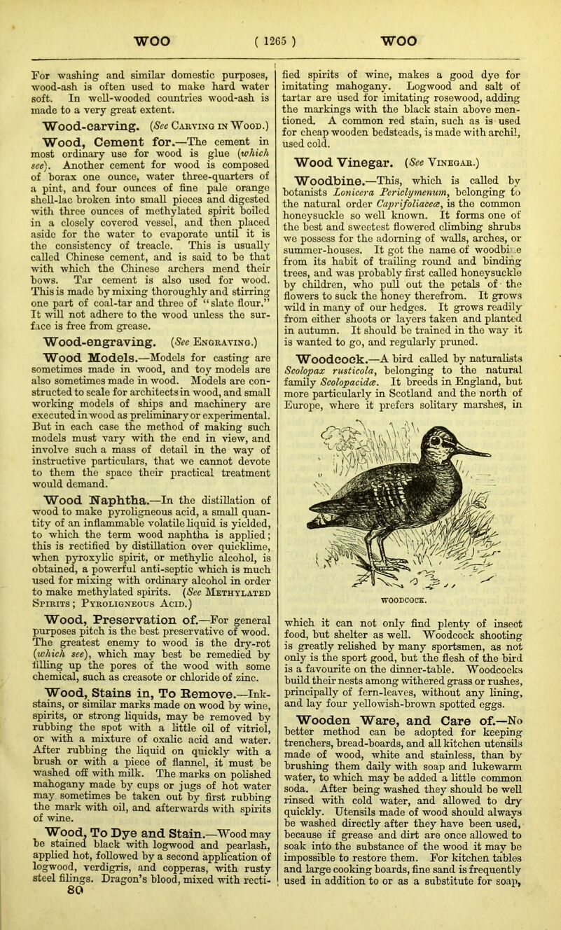 For washing and similar domestic purposes, wood-ash is often used to make hard water soft. In well-wooded countries wood-ash is made to a very great extent. Wood-carving. (See Carving in Wood.) Wood, Cement for.—The cement in most ordinary use for wood is glue (which see). Another cement for wood is composed of borax one ounce, water three-quarters of a pint, and four ounces of fine pale orango shell-lac broken into small pieces and digested with three ounces of methylated spirit boiled in a closely covered vessel, and then placed aside for the water to evaporate until it is the consistency of treacle. This is usually called Chinese cement, and is said to be that with which the Chinese archers mend their bows. Tar cement is also used for wood. This is made by mixing thoroughly and stirring one part of coal-tar and three of “slate flour.” It will not adhere to the wood unless the sur- face is free from grease. Wood-engraving. (See Engraving.) Wood Models.—Models for casting are sometimes made in wood, and toy models are also sometimes made in wood. Models are con- structed to scale for architects in wood, and small working models of ships and machinery are executed in wood as preliminary or experimental. But in each case the method of making such models must vary with the end in view, and involve such a mass of detail in the way of instructive particulars, that we cannot devote to them the space their practical treatment would demand. Wood Naphtha.—In the distillation of wood to make pyroligneous acid, a small quan- tity of an inflammable volatile liquid is yielded, to which the term wood naphtha is applied; this is rectified by distillation over quicklime, when pyroxylic spirit, or methylic alcohol, is obtained, a powerful anti-septic which is much used for mixing with ordinary alcohol in order to make methylated spirits. (See Methylated Spirits ; Pyroligneous Acid.) Wood, Preservation of.—For general purposes pitch is the best preservative of wood. The greatest enemy to wood is the dry-rot (which see), which may best be remedied by filling up the pores of the wood with some chemical, such as creasote or chloride of zinc. Wood, Stains in, To Remove.—Ink- stains, or similar marks made on wood by wine, spirits, or strong liquids, may be removed by rubbing the spot with a little oil of vitriol, or with a mixture of oxalic acid and water. After rubbing the liquid on quickly with a brush or with a piece of flannel, it must be washed off with milk. The marks on polished mahogany made by cups or jugs of hot water may sometimes be taken out by first rubbing the mark with oil, and afterwards with spirits of wine. Wood, To Dye and Stain .—Wood may be stained black with logwood and pearlash, applied hot, followed by a second application of logwood, verdigris, and copperas, with rusty steel filings. Dragon’s blood, mixed with recti- 80 fied spirits of wine, makes a good dye for imitating mahogany. Logwood and salt of tartar are used for imitating rosewood, adding the markings with the black stain above men- tioned. A common red stain, such as is used for cheap wooden bedsteads, is made with archil, used cold. Wood Vinegar. (See Vinegar.) Woodbine.—This, which is called by botanists Lonicera Perichjmenum, belonging to the natural order Caprifoliacece, is the common honeysuckle so well known. It forms one of the best and sweetest flowered climbing shrubs we possess for the adorning of walls, arches, or summer-houses. It got the name of woodbi e from its habit of trailing round and binding trees, and was probably first called honeysuckle by children, who pull out the petals of the flowers to suck the honey therefrom. It grows wild in many of our hedges. It grows readily from either shoots or layers taken and planted in autumn. It should be trained in the way it is wanted to go, and regularly primed. Woodcock.—A bird called by naturalists Scolopax rusticola, belonging to the natural family Scolopacidce. It breeds in England, but more particularly in Scotland and the north of Europe, where it prefers solitary marshes, in which it can not only find plenty of inseot food, but shelter as well. Woodcock shooting is greatly relished by many sportsmen, as not only is the sport good, but the flesh of the bird is a favourite on the dinner-table. Woodcocks build their nests among withered grass or rushes, principally of fern-leaves, without any lining, and lay four yellowish-brown spotted eggs. Wooden Ware, and Care of.—No better method can be adopted for keeping trenchers, bread-boards, and all kitchen utensils made of wood, white and stainless, than by brushing them daily with soap and lukewarm water, to which may be added a little common soda. After being washed they should be well rinsed with cold water, and allowed to dry quickly. Utensils made of wood should always be washed directly after they have been used, because if grease and dirt are once allowed to soak into the substance of the wood it may be impossible to restore them. For kitchen tables and large cooking boards, fine sand is frequently used in addition to or as a substitute for soap.