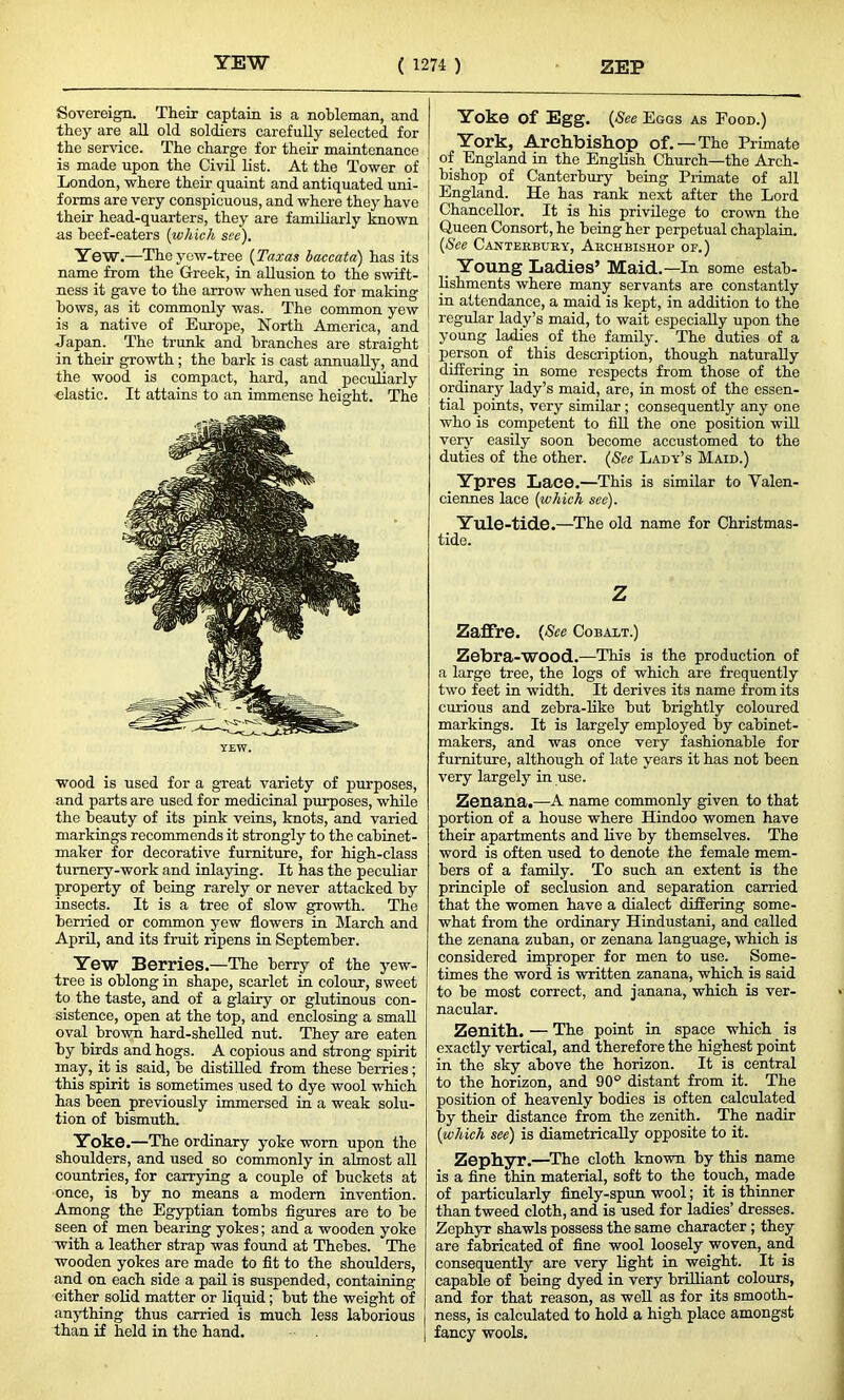 Sovereign. Their captain is a nobleman, and they are all old soldiers carefully selected for the service. The charge for their maintenance is made upon the Civil list. At the Tower of London, where their quaint and antiquated uni- forms are very conspicuous, and where they have their head-quarters, they are familiarly known as beef-eaters (which see). Yew.—The yew-tree (Taxas baccata) has its name from the Greek, in allusion to the swift- ness it gave to the arrow when used for making bows, as it commonly was. The common yew is a native of Europe, North America, and Japan. The trunk and branches are straight in their growth; the bark is cast annually, and the wood is compact, hard, and peculiarly •elastic. It attains to an immense height. The YEW. wood is used for a great variety of purposes, and parts are used for medicinal purposes, while the beauty of its pink veins, knots, and varied markings recommends it strongly to the cabinet- maker for decorative furniture, for high-class turnery-work and inlaying. It has the peculiar property of being rarely or never attacked by insects. It is a tree of slow growth. The berried or common yew flowers in March and April, and its fruit ripens in September. Yew Berries.—The berry of the yew- tree is oblong in shape, scarlet in colour, sweet to the taste, and of a glairy or glutinous con- sistence, open at the top, and enclosing a small oval brown hard-shelled nut. They are eaten by birds and hogs. A copious and strong spirit may, it is said, be distilled from these berries; this spirit is sometimes used to dye wool which has been previously immersed in a weak solu- tion of bismuth. Yoke.—The ordinary yoke worn upon the shoulders, and used so commonly in almost all countries, for carrying a couple of buckets at once, is by no means a modern invention. Among the Egyptian tombs figures are to be seen of men bearing yokes; and a wooden yoke with a leather strap was found at Thebes. The wooden yokes are made to fit to the shoulders, and on each side a pail is suspended, containing either solid matter or liquid; but the weight of anything thus carried is much less laborious than if held in the hand. Yoke of Egg. {See Eggs as Food.) York, Archbishop of. —The Primate of England in the English Church—the Arch- bishop of Canterbury being Primate of all England. He has rank next after the Lord Chancellor. It is his privilege to crown the Queen Consort, he being her perpetual chaplain. {See Canterbury, Archbishop of.) Young Ladies’ Maid.—In some estab- lishments where many servants are constantly in attendance, a maid is kept, in addition to the regular lady’s maid, to wait especially upon the young ladies of the family. The duties of a person of this description, though naturally differing in some respects from those of the ordinary lady’s maid, are, in most of the essen- tial points, very similar; consequently any one who is competent to fill the one position will very easily soon become accustomed to the duties of the other. (See Lady’s Maid.) Ypres Lace.—This is similar to Valen- ciennes lace {which see). Yule-tide.—The old name for Christmas- tide. z Zafire. {See Cobalt.) Zebra-wood.—This is the production of a large tree, the logs of which are frequently two feet in width. It derives its name from its curious and zebra-like but brightly coloured markings. It is largely employed by cabinet- makers, and was once very fashionable for furniture, although of late years it has not been very largely in use. Zenana.—A name commonly given to that portion of a house where Hindoo women have their apartments and live by themselves. The word is often used to denote the female mem- bers of a family. To such an extent is the principle of seclusion and separation carried that the women have a dialect differing some- what from the ordinary Hindustani, and called the zenana zuban, or zenana language, which is considered improper for men to use. Some- times the word is written zanana, which is said to be most correct, and janana, which is ver- nacular. Zenith. — The point in space which is exactly vertical, and therefore the highest point in the sky above the horizon. It is central to the horizon, and 90° distant from it. The position of heavenly bodies is often calculated by their distance from the zenith. The nadir {which see) is diametrically opposite to it. Zephyr.—The cloth known by this name is a fine thin material, soft to the touch, made of particularly finely-spun wool; it is thinner than tweed cloth, and is used for ladies’ dresses. Zephyr shawls possess the same character ; they are fabricated of fine wool loosely woven, and consequently are very light in weight. It is capable of being dyed in very brilliant colours, and for that reason, as well as for its smooth- ness, is calculated to hold a high place amongst fancy wools.