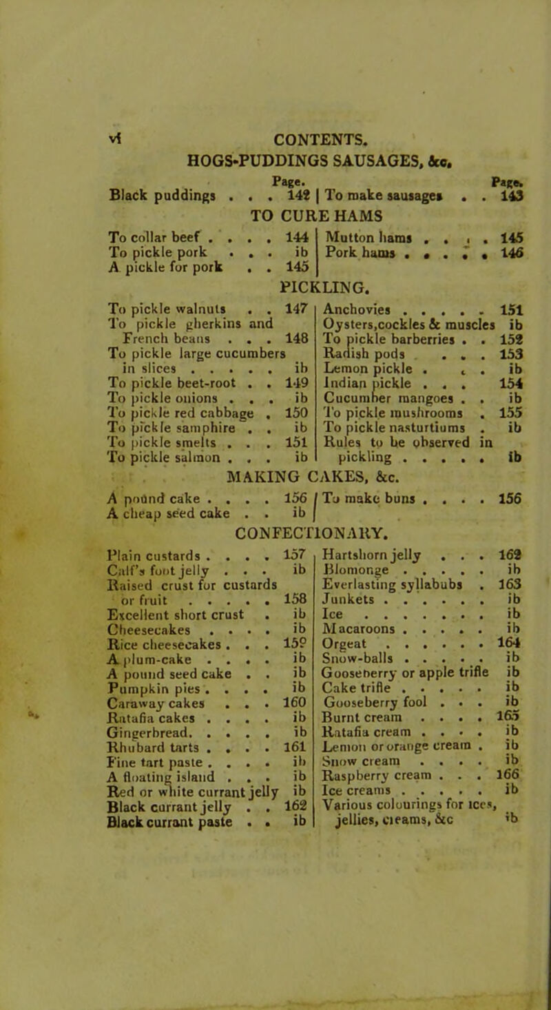 HOGS-PUDDINGS SAUSAGES, &c. Page. Page. Black puddings . . . 142 | To make sausage* . . 143 TO CURE HAMS To collar beef .... 144 Mutton hams . . , 145 To pickle pork . . . ib Pork hams , « , . 146 A pickle for pork . . 145 PICKLING. To pickle walnuts . . 147 Anchovies .... 151 To pickle gherkins and Oysters,cockles & muscles ib French beaus . . . 148 To pickle barberries . 152 To pickle large cucumbers Radish pods . . 153 in slices ib Lemon pickle . t ib To pickle beet-root . . 149 Indian pickle . . . 154 To pickle onions . . . ib Cucumber mangoes . • ib 'To pickle red cabbage , 150 'To pickle mushrooms 155 To pickle samphire . . ib To pickle nasturtiums ib To pickle smelts . . . 151 Rules to be observed in To pickle salmon . . . ib pickling .... ib MAKING CAKES, &c. A pound cake .... 156 1 To make buns . . . 156 A cheap seed cake . . ib CONFECTIONARY. Plain custards .... 157 Hartshorn jelly . . 162 Calf’s foot jelly . . . ib Blomor.ge .... ib Raised crust for custards Everlasting syllabubs 163 or fruit 158 Junkets ib Excellent short crust ib Ice ib Cheesecakes .... ib Macaroons .... ib Rice cheesecakes . . . 159 Orgeat 164 A plum-cake .... ib Snow-balls .... ib A pound seed cake . . ib Gooseberry or apple trifle ib Pumpkin pies .... ib Cake trifle .... ib Caraway cakes . . . 160 Gooseberry fool . . ib Ratafia cakes .... ib Burnt cream . . . 165 Gingerbread ib Ratafia cream . . • ib Rim bard tarts .... 161 Lemon or orange cream ib Fine tart paste .... ib Snow cream . . . ib A floating island . . . ib Raspberry cream . . 166 Red or white currant jelly ib Ice creams .... ib Black currant jelly . . 162 Various colourings for ices Black currant paste . .