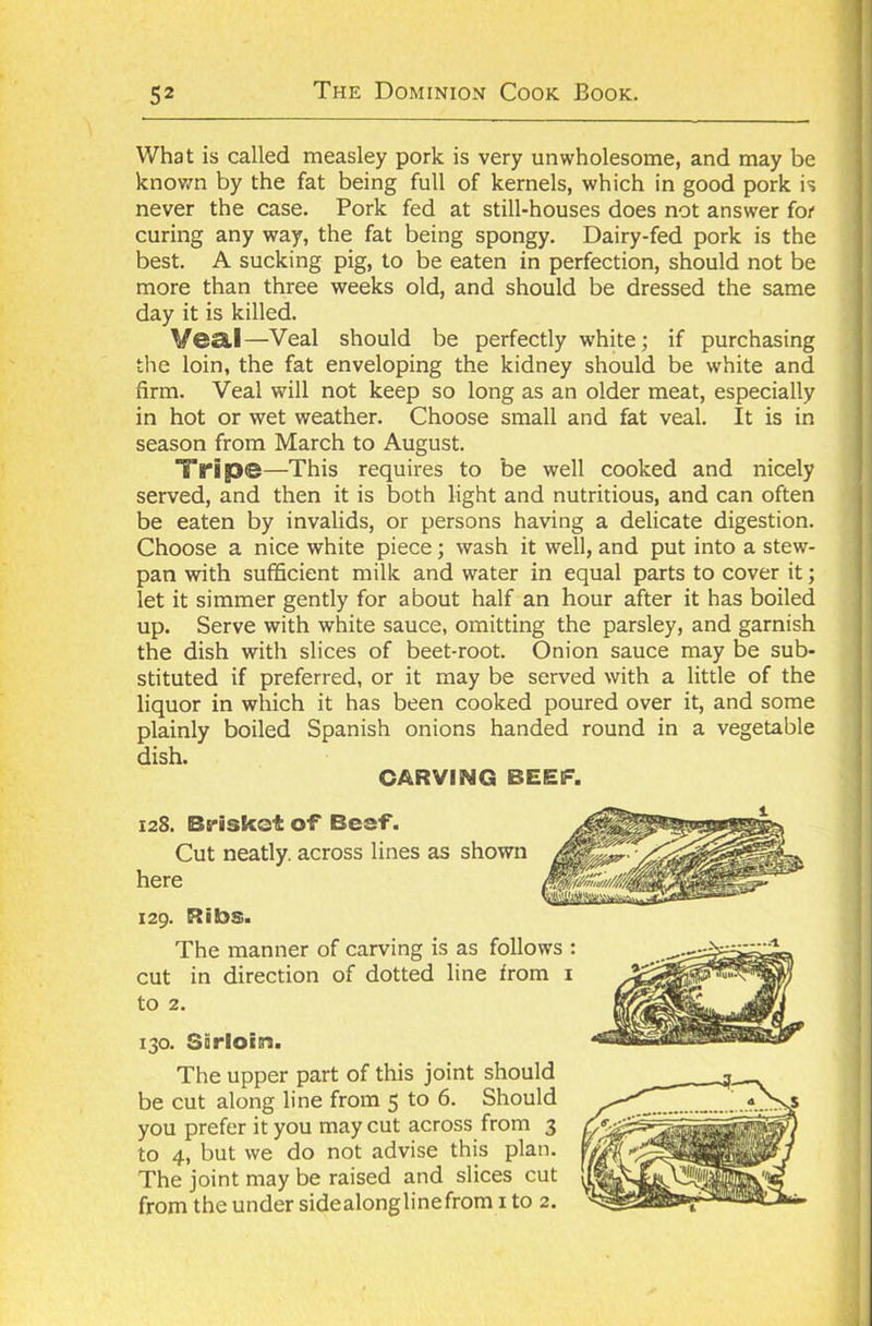 What is called measley pork is very unwholesome, and may be known by the fat being full of kernels, which in good pork is never the case. Pork fed at still-houses does not answer for curing any way, the fat being spongy. Dairy-fed pork is the best. A sucking pig, to be eaten in perfection, should not be more than three weeks old, and should be dressed the same day it is killed. Veal —Veal should be perfectly white; if purchasing the loin, the fat enveloping the kidney should be white and firm. Veal will not keep so long as an older meat, especially in hot or wet weather. Choose small and fat veal. It is in season from March to August. Trip©—This requires to be well cooked and nicely served, and then it is both light and nutritious, and can often be eaten by invalids, or persons having a delicate digestion. Choose a nice white piece; wash it well, and put into a stew- pan with sufficient milk and water in equal parts to cover it; let it simmer gently for about half an hour after it has boiled up. Serve with white sauce, omitting the parsley, and garnish the dish with slices of beet-root. Onion sauce may be sub- stituted if preferred, or it may be served with a little of the liquor in which it has been cooked poured over it, and some plainly boiled Spanish onions handed round in a vegetable dish. CARVING BEEF. 128. Bnskot of Besf. Cut neatly, across lines as shown here 129. Ribs. The manner of carving is as follows : cut in direction of dotted line from 1 to 2. 130. Sirloin. The upper part of this joint should be cut along line from 5 to 6. Should you prefer it you may cut across from 3 to 4, but we do not advise this plan. The joint may be raised and slices cut from the under sidealonglinefrom 1 to 2.