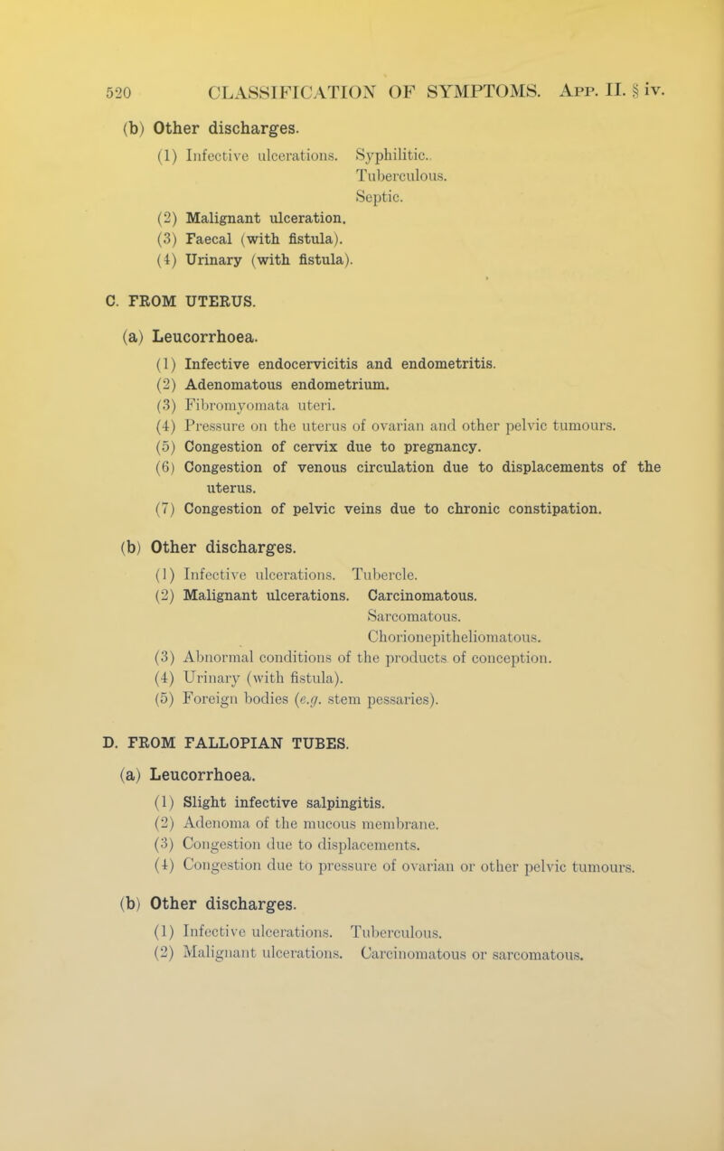 (b) Other discharges. (1) Infective ulcerations. Syphilitic. Tuberculous. Septic. (2) Malignant ulceration. (3) Faecal (with fistula). (4) Urinary (with fistula). C. FROM UTERUS. (a) Leucorrhoea. (1) Infective endocervicitis and endometritis. (2) Adenomatous endometrium. (3) Fibromyomata uteri. (4) Pressure on the uterus of ovarian and other pelvic tumours. (5) Congestion of cervix due to pregnancy. (6) Congestion of venous circulation due to displacements of the uterus. (7) Congestion of pelvic veins due to chronic constipation. (b) Other discharges. (1) Infective ulcerations. Tubercle. (2) Malignant ulcerations. Carcinomatous. Sarcomatous. Chorionepitheliomatous. (3) Abnormal conditions of the products of conception. (4) Urinary (with fistula). (5) Foreign bodies {e.g. stem pessaries). D. FROM FALLOPIAN TUBES. (a) Leucorrhoea. (1) Slight infective salpingitis. (2) Adenoma of the mucous membrane. (3) Congestion due to displacements. (4) Congestion due to pressure of ovarian or other pelvic tumours. (b) Other discharges. (1) Infective ulcerations. Tuberculous. (2) Malignant ulcerations. Carcinomatous or sarcomatous.