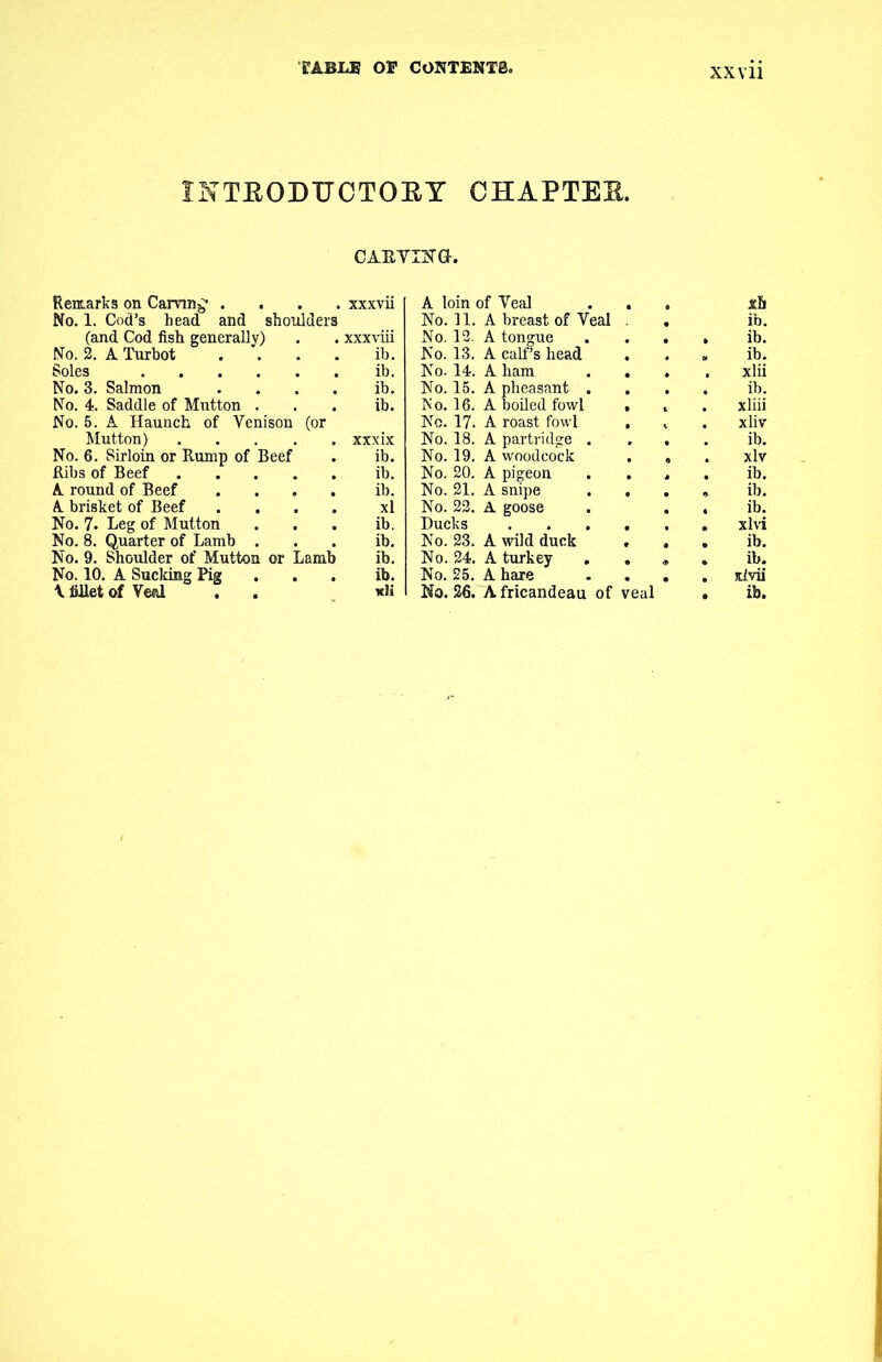 INTRODUCTORY CHAPTER. CARVING. Rentarks on Carving . xxxvii A loin of Veal scb No. 1. Cod’s head and shoulders No. 11. A breast of Veal ib. (and Cod fish generally) xxxviii No. 12. A tongue ib. No. 2. A Turbot . ib. No. 13. A calf’s head ib. Soles ib. No- 14. A ham xlii No. 3. Salmon .... ib. No. 15. A pheasant . ib. No. 4. Saddle of Mutton . ib. No. 16. A boiled fowl xliii No. 5. A Haunch of Venison (or No. 17. A roast fowl xliv Mutton) xxxix No. 18. A partridge . ib. No. 6. Sirloin or Rump of Beef ib. No. 19. A woodcock xlv Ribs of Beef ib. No. 20. A pigeon ib. A round of Beef .... ib. No. 21. A snipe ib. A brisket of Beef .... xl No. 22. A goose ib. No. 7* Leg of Mutton ib. Ducks • • • xlvi No. 8. Quarter of Lamb . ib. No. 23. A wild duck ib. No. 9. Shoulder of Mutton or Lamb ib. No. 24. A turkey ib. No. 10. A Sucking Pig ib. No. 25. A hare xfvii