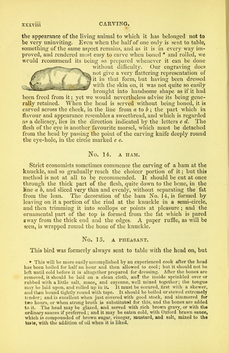 the appearance of the living animal to which it has belonged not to be very uninviting. Even when the half of one only is sent to table, something of the same aspect remains, and as it is in every way im- proved, and rendered most easy to carve when boned * and rolled, we wculd recommend its being so prepared whenever it can be done without difficulty. Our engraving docs not give a very flattering representation of it in that form, but having been dressed with the skin on, it was not quite so easily brought into handsome shape as if it had been freed from it; yet we would nevertheless advise its being gene- rally retained. When the head is served without being boned, it is carved across the cheek, in the line from a to b ; the part which in flavour and appearance resembles a sweetbread, and which is regarded as a delicacy, lies in the direction indicated by the letters c d. The flesh of the eye is another favourite morsel, which must be detached from the head by passing the point of the carving knife deeply round the eye-hole, in the circle marked e e. No. 14. a nAM. Strict economists sometimes commence the carving of a ham at the knuckle, and so gradually reach the choicer portion of it; but this method is not at all to be recommended. It should be cut at once through the thick part of the flesh, quite down to the bone, in the line a b, and sliced very thin and evenly, without separating the fat from the lean. The decoration of the ham No. 14, is formed by leaving on it a portion of the rind at the knuckle in a semi-circle, and then trimming it into scollops or points at pleasure ; and the ornamental part of the top is formed from the fat which is pared away from the thick end and the edges. A paper ruffle, as will be seen, is wrapped round the bone of the knuckle. No. 15. a pheasant. This bird was formerly always sent to table with the head on, but ♦ This will be more easily accomplished by an experienced cook after the head has been boiled for half an hour and then allowed to cool; but it should not be left until cold before it is altogether prepared for dressing. After the bones are removed, it should be laid on a clean cloth, and the inside sprinkled over or rubbed with a little salt, mace* and cayenne, well mixed together; the tongue may be laid upon, and rolled up in it. It must be secured, first with a skewer, and then bound tightly round with tape. It should be boiled or stewed extremely tender; and is excellent when just covered with good stock, and simmered for two hours, or when strong broth is substituted for this, and the bones are added to it. The head may be glazed, and served with rich brown gravy, or with the ordinary sauces if preferred ; and it may be eaten cold, with Oxford brawn sauce, wkich is compounded of brown sugar, vinegar, mustard, and salt, mixed to the taite, with the addition of oil when it is liked,