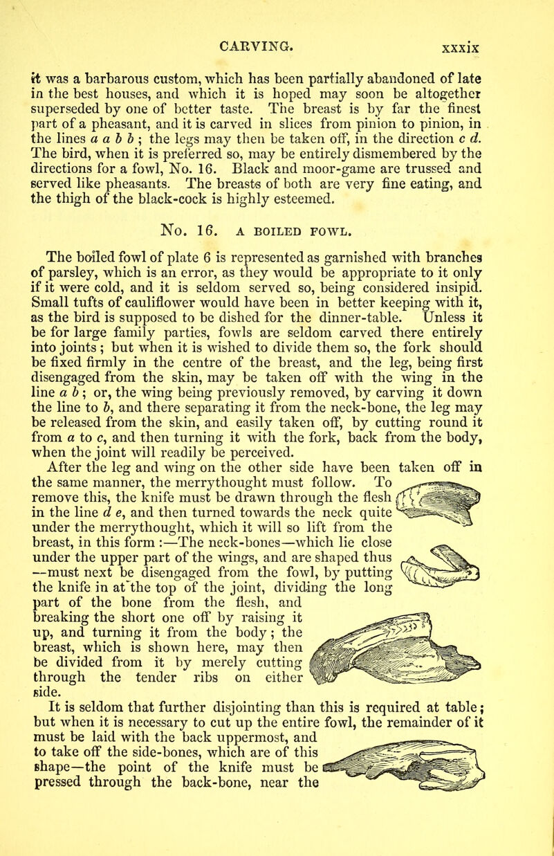 it was a barbarous custom, which has been partially abandoned of late in the best houses, and which it is hoped may soon be altogether superseded by one of better taste. The breast is by far the finest part of a pheasant, and it is carved in slices from pinion to pinion, in the lines a a b b ; the legs may then be taken off, in the direction c d. The bird, when it is preferred so, may be entirely dismembered by the directions for a fowl, No. 16. Black and moor-game are trussed and served like pheasants. The breasts of both are very fine eating, and the thigh of the black-cock is highly esteemed. No. 16. A BOILED FOWL. The boiled fowl of plate 6 is represented as garnished with branches of parsley, which is an error, as they would be appropriate to it only if it were cold, and it is seldom served so, being considered insipid. Small tufts of cauliflower would have been in better keeping with it, as the bird is supposed to be dished for the dinner-table. Unless it be for large family parties, fowls are seldom carved there entirely into joints ; but when it is wished to divide them so, the fork should be fixed firmly in the centre of the breast, and the leg, being first disengaged from the skin, may be taken off with the wing in the line ab\ or, the wing being previously removed, by carving it down the line to b, and there separating it from the neck-bone, the leg may be released from the skin, and easily taken off, by cutting round it from a to c, and then turning it with the fork, back from the body, when the joint will readily be perceived. After the leg and wing on the other side have been taken off in the same manner, the merrythought must follow. To remove this, the knife must be drawn through the flesh in the line d e, and then turned towards the neck quite under the merrythought, which it will so lift from the breast, in this form :—The neck-bones—which lie close under the upper part of the wings, and are shaped thus —must next be disengaged from the fowl, by putting the knife in at The top of the joint, dividing the long part of the bone from the flesh, and breaking the short one off by raising it up, and turning it from the body; the breast, which is shown here, may then be divided from it by merely cutting through the tender ribs on either side. It is seldom that further disjointing than this is required at table; but when it is necessary to cut up the entire fowl, the remainder of it must be laid with the back uppermost, and to take off the side-bones, which are of this shape—the point of the knife must be pressed through the back-bone, near the