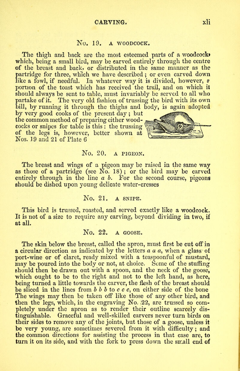 No. 1,9. A WOODCOCK. The thigh and back are the most esteemed parts of a woodcock* which, being a small bird, may be carved entirely through the centre of the breast and back, or distributed in the same manner as the {>artridge for three, which we have described; or even carved down ike a fowl, if needful. In whatever way it is divided, however, a portion of the toast which has received the trail, and on which it should always be sent to table, must invariably be served to all who partake of it. The very old fashion of trussing the bird with its own bill, by running it through the thighs and body, is again adopted by very good cooks of the present day ; but the common method of preparing either wood- cocks or snipes for table is this : the trussing of the legs is, however, better shown at Nos. 19 and 21 of Plate 6 No. 20. A PIGEON. The breast and wings of a pigeon may be raised in the same way as those of a partridge (see No. 18) ; or the bird may be carved entirely through in the line a b. For the second course, pigeons should be dished upon young delicate water-cresses No. 21. A SNIPE. This bird is trussed, roasted, and served exactly like a woodcock. It is not of a size to require any carving, beyond dividing in two, if at all. No. 22. A GOOSE. The skin below the breast, called the apron, must first be cut off in a circular direction as indicated by the letters a a a, when a glass of port-wine or of claret, ready mixed with a teaspoonful of mustard, may be poured into the body or not, at choice. Some of the stuffing should then be drawn out with a spoon, and the neck of the goose, which ought to be to the right and not to the left hand, as here, being turned a little towards the carver, the flesh of the breast should be sliced in the lines from b b b to c c c, on either side of the bone The wings may then be taken off like those of any other bird, and then the legs, which, in the engraving No. ,22, are trussed so com- pletely under the apron as to render their outline scarcely dis- tinguishable. Graceful and well-skilled carvers never turn birds on their sides to remove any of the joints, but those of a goose, unless it be very young, are sometimes severed from it with difficulty; and the common directions for assisting the process in that case are, to turn it on its side, and with the fork to press down the small end of