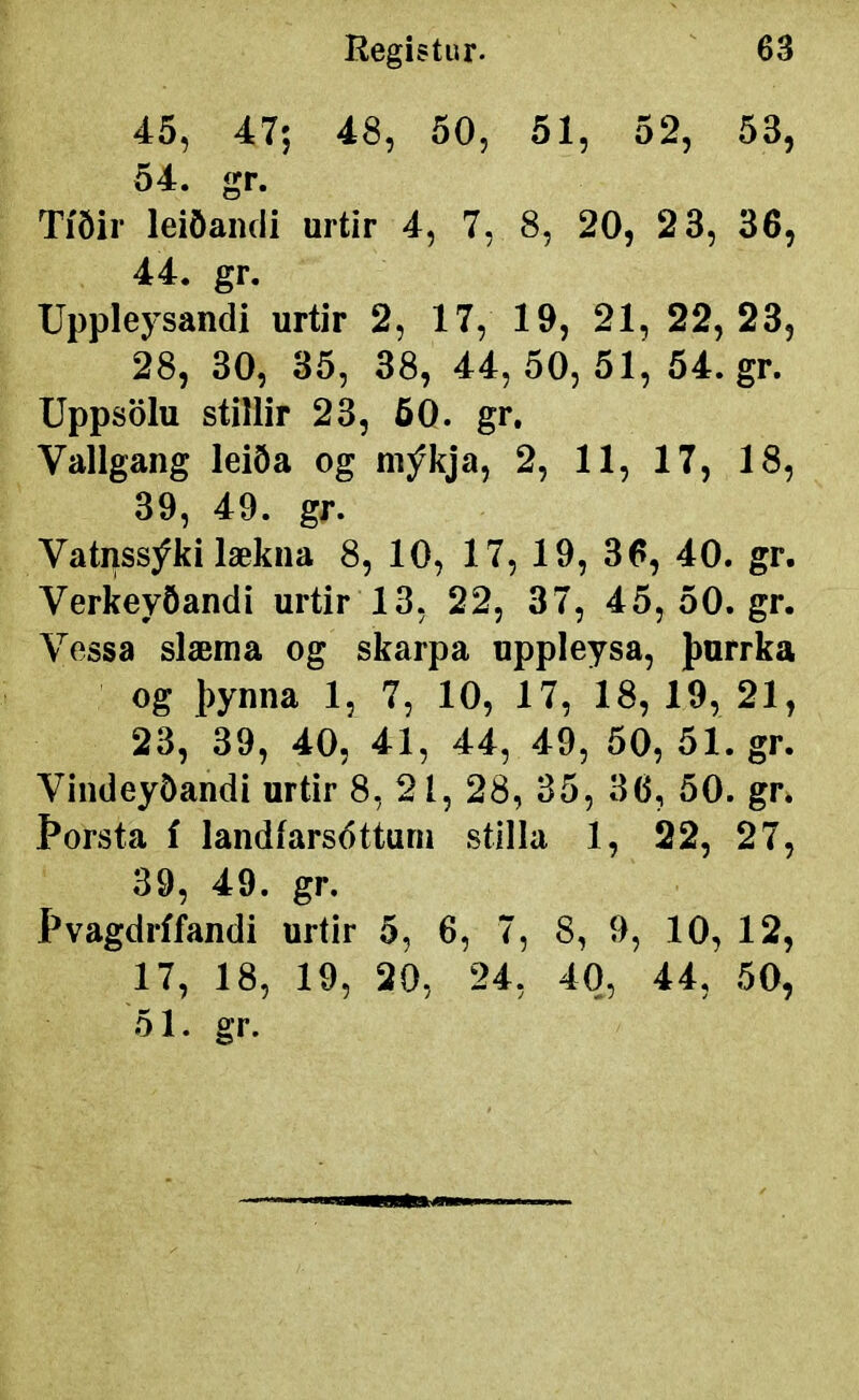 45, 47; 48, 50, 51, 52, 53, 54. gr. Tíðir leiöaiuli urtir 4, 7, 8, 20, 23, 36, 44. gr. Uppleysandi urtir 2, 17, 19, 21, 22,23, 28, 30, 35, 38, 44, 50, 51, 54. gr. Uppsölu stillir 23, 50. gr, Vallgang leiða og niýkja, 2, 11, 17, 18, 39, 49. gr. Vatnssýki lækna 8, 10, 17, 19, 36, 40. gr. Verkeyöandi urtir 13, 22, 37, 45, 50. gr. Vessa slæma og skarpa uppleysa, þurrka og þynna 1, 7, 10, 17, 18, 19, 21, 23, 39, 40, 41, 44, 49, 50, 51. gr. VindeyÖandi urtir 8, 21, 28, 35, 36, 50. gr, Þorsta í landíarsötturn stilla 1, 22, 27, 39, 49. gr, Jpvagdrífandi urtir 5, 6, 7, 8, 9, 10, 12, 17, 18, 19, 20, 24, 40, 44, 50, 51. gr.