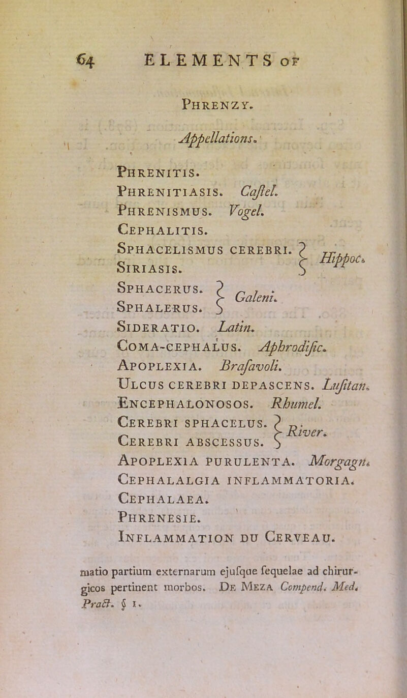 Phrenzy. Galenu HippoCt. Appellations. * Phrenitis. Phrenitiasis. CaJleL Phrenismus. Vogel. Cephalitis. Sphacelismus cerebri. Siriasis. Sphacerus. Sphalerus. Sideratio. Latin. Coma-cep halus. Aphrodific. Apoplexia. Brafavoli. Ulcus cerebri depascens. Lujitan. Encephalonosos. Rhumel. Cerebri sphacelus. Cerebri abscessus. Apoplexia purulenta. Morgagtn Cephalalgia inflammatoria. Cephalaea. Phrenesie. Inflammation du Cerveau. River. matio partium exttrnarum ejufqtie fequelae ad chirur- gicos pertinent morbos. Dk Meza Commend. Med. Praft. § l«