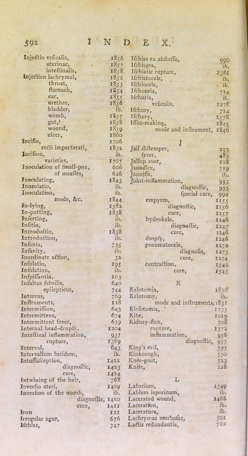 Injedtio veficalis. 1836 Ifchias ex abfcefTu, 990 ib. uterinae, . 1837 Ifchiagra, inteftinalis, 1858 Ifchiatic rupture. 2381 Injedtion lachrymal, 1812 Ifchiatocelc, ib. throat. 1853 Ifchiocele, ib. ftomach, 1854 Ifchouria, 714 ear, 1855 Ifchuria, ib. urethre, 1856 veficalis, I278 bladder, ib. Ifchury, 714 womb, 1857 Ifchury, 1378 gut,1! 1858 Ifliie-making, 1843 wound, 1839 mode and inrtrument, 1846 ulcer, Incifio, i860 1706 J redti imperforati. 183 a Jail dirtemper, 293 Jncifion, ib. fever. 483 varieties, Inoculation of fmall-pox, 1707 Jallop root, I08 606 Jaundice, 719 ib. of meafles, 626 Jaunifle, Inoculating, 1843 Joint-inflammation, 993 Inoculatio, ib. diagnortic, 993 Inoculation, ib. fpecial cure. 994 mode, 8cc. 1844 empyem, 1135 Jn-lying, 1382 diagnortic, 1136 In-putting. 1838 cure, U57 Inferting, ib. hydrokele, 1246 Infitio, ib. diagnortic. 1247 Jntrodudtio, 1838 cure, 1248 Introdudtion, ib. dropfy, 1246 Infania, 7 35 pneumatocele, 127 z Infanity, ib. diagnofis. 1273 Inordinate adtion. 3* cure. 1274 Infolatio, 19 5 tontradlion, 1542 Infolation, ib. cure, *543 Infpiflantia, Infultus febrilis, 103 640 K epilepticus. 744 Kelotomia, 1830” Intercus, 769 Kelotomy, ib. Inffruments, 128 mode and inrtruments >1831 Intermiflion, 643 Kirfotomia, ' 1/33 Intermittens, 674 Kibe, 1019 Intermittent fever, 639 Kidney-flux, 708 Internal head-dropfv, 1204 rupture, 1372 Intertinal inflammation, 937 inflammation, 95 6 rupture, 1369 diagnortic, 957 Interval, 643 King’s evil. 7 37 Intcrvallum lucidum. ib. Kinkcough, 750 IntufTufception, I4.22 Knee-gout, 7=3 diagnortic, 14*3 Knife, 128 cure, Intwining of the hair. 1424 768 L Inverfio uteri, Inverfion of the womb. 1409 Labarium, 1549 ib. Labium leporinum, ib. diagnortic, 1410 Lacerated wound, 1466 cure. 1411 Laceration, ib. Iron 121 Laceratura, ib. Irregular ague, 676 Lachrymae morbofac. 701 Zfchias, 7*7 Ladtis redundantia, 712