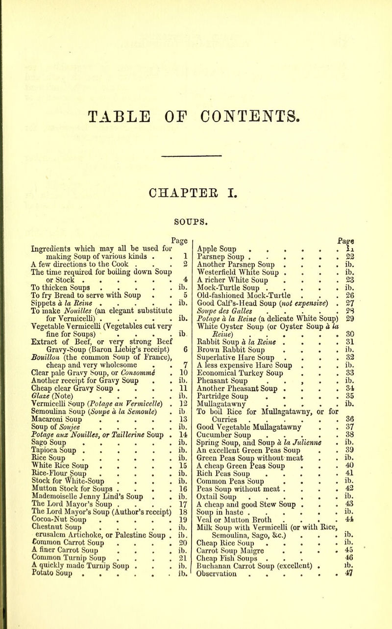 TABLE OF CONTENTS, CHAPTEB I. SOUPS. Page Ingredients which may all he used for making Soup of various kinds . . 1 A few directions to the Cook ... 2 The time required for boiling down Soup or Stock 4 To thicken Soups ib. To fry Bread to serve with Soup . . 5 Sippets a la Rente ib. To make Nouilles (an elegant substitute for Vermicelli) ib. Vegetable Vermicelli (Vegetables cut very fine for Soups) . . . . ib Extract of Beef, or very strong Beef Gravy-Soup (Baron Liebig’s receipt) 6 Bouillon (the common Soup of Prance), cheap and very wholesome . . 7 Clear pale Gravy Soup, or Consomme . 10 Another receipt for Gravy Soup . . ib. Cheap clear Gravy Soup . . . .11 Glaze (Note) ib. Vermicelli Soup {Potage au Vermicelle') . 12 Semoulina Soup {Soupe a la Semoule) . ib Macaroni Soup 13 Soup of Soujee ib. Potage aux Nouilles, or Taillerine Soup . 14 Sago Soup ib. Tapioca Soup ib. Rice Soup ib. White Rice Soup 15 Rice-Plour Soup ib. Stock for White-Soup . . . . ib. Mutton Stock for Soups . . . .16 Mademoiselle Jenny Lind’s Soup . . ib. The Lord Mayor’s Soup . . . .17 The Lord Mayor’s Soup (Author’s receipt) 18 Cocoa-Nut Soup 19 Chestnut Soup ib. erusalem Artichoke, or Palestine Soup . ib. Common Carrot Soup . . . .20 A finer Carrot Soup . . . . ib. Common Turnip Soup . . . .21 A quickly made Turnip Soup . . . ib. Potato Soup ib. Page Apple Soup Xi. Parsnep Soup 22 Another Parsnep Soup . . . . ib. Westerfield White Soup . . . . ib. A richer White Soup . . . .23 Mock-Turtle Soup ib. Old-fashioned Mock-Turtle . . .26 Good Calf’s-Head Soup {not expensive) . 27 Soupe des Galles . . . . .28 Potage a la Reine (a delicate White Soup) 29 White Oyster Soup (or Oyster Soup a la Reine) 30 Rabbit Soup a la Reine . . . .31 Brown Rabbit Soup . . . . ib. Superlative Hare Soup . . . .32 A less expensive Hare Soup . . . ib. Economical Turkey Soup . . .33 Pheasant Soup . . , . . ib. Another Pheasant Soup . . . .34 Partridge Soup 35 Mullagatawny ib. To boil Rice for Mullagatawny, or for Curries 36 Good Vegetable Mullagatawny . . 37 Cucumber Soup 38 Spring Soup, and Soup a la Julienne . ib. An excellent Green Peas Soup . . 39 Green Peas Soup without-meat . . ib. A cheap Green Peas Soup . . .40 Rich Peas Soup 41 Common Peas Soup . . . . ib. Peas Soup without meat . . . . 42 Oxtail Soup ib. A cheap and good Stew Soup . . . 43 Soup in haste ib. Veal or Mutton Broth .... 44 Milk Soup with Vermicelli (or with Rice, Semoulina, Sago, &c.) . . . ib. Cheap Rice Soup ib. Carrot Soup Maigre . . • .45 Cheap Fish Soups ... 46 Buchanan Carrot Soup (excellent) . ib. Observation 47
