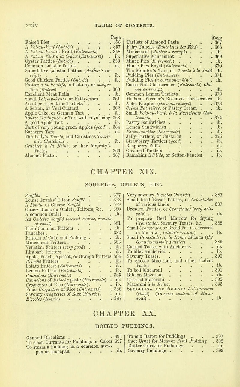 Raised Pies 356 A Vol-au-Vent {Entree) .... 357 A Vol-au-Vent of Fruit (Entremets) . 358 A Vol-au-Vent a la Creme l^ntremets) . ib. Oyster Patties {Entree) .... 359 Common Lobster Patties . . . ib. Superlative Lobster Patties {Author’s re- ceipt) ib. Good Chicken Patties {Entree) . . ib. Patties a la Pontife, a fast-day or maigre dish {Entree) 360 Excellent Meat Rolls . . . . ib. Small Vols-au-Vents, or Patty-cases . 361 Another receipt for Tartlets . . . ib. A Sefton, or Veal Custard . . . 362 Apple Cake, or German Tart . . . ib. Tourte Meringuee, or Tart with royal icing 363 A good Apple Tart ib. Tart of very young green Apples {good) . 364 Barberry Tart ib. The Lady’s Tourte, and Christmas Tourte a la Chatelaine ib. Genoises a la Peine, or her Majesty’s Pastry 366 Almond Paste 367 Page Tartlets of Almond Paste . . . 367 Fairy Fancies {Fantaisies des Fees) . . 368 Mincemeat {Author’s receipt) . . . ib. Superlative Mincemeat . . . • 369 Mince Pies {Entremets) . . . . ib. Mince Pies Royal {Entremets) . . .370 The Monitor’s Tart, or Tourte a la Judd ib. Pudding Pies {Entremets) . . . 371 Pudding Pies {a commoner hind) . . ib. Cocoa-Nut Cheesecakes {Entremets) {Ja- maica receipt) ib. Common Lemon Tartlets .... 372 Madame Werner’s Rosenvik Cheesecakes ib. Apfel Krapfen {German receipt) . . 373 Creme Patissi'ere, or Pastry Cream . . ib. Small Vols-au- Vent, a la Parisienne {En- tremets) 374 Pastry Sandwiches ib. Lemon Sandwiches ib. Fanchonnettes {Entremets) . . . ib. Jelly-Tartlets, or Custards . . .375 Strawberry Tartlets {good) . . . ib. Raspberry Puifs ib. Creamed Tartlets ib. Ramakins a I’Ude, or Sefton-Fancies . ib. CHAPTER XIX SOUFFLES, OMLETS, ETC. Souffles 377 Louise Franks’ Citron Souffle . . .378 A Fondu, or Cheese Souffle . . .379 Observations on Omlets, Fritters, &c. . 380 A common Omlet ib. An Omlette Souffle {second course, remove of roast) 381 Plain Common Fritters . . . . ib. Pancakes 382 Fritters of Cake and Pudding . . . ib. Mincemeat Fritters 383 Venetian Fritters {very good) . . . ib. Rhubarb Fritters . . . . . ib. Apple, Peach, Apricot, or Orange Fritters 384 Brioche Fritters . . . . . ib. Potato Fritters {Entremets) . . . ib. Lemon Fritters {Entremets) . . . ib. Cannelons {E?itremets) .... 385 Cannelons of Brioche paste {Entremets) . ib. Croquettes of Rice {Entremets). . . ib. Finer Croquettes of Rice {Entremets) . 386 Savoury Croquettes of Rice {Entree). . ib. Rissoles {Entree) 387 Very savoury Rissoles {Entree) . . 387 Small fried Bread Patties, or Croustades of various kinds .... 387 Dresden Patties, or Croustades {very deli- cate) ib. To prepare Beef Marrow for frying Croustades, Savoury Toasts, &c. . 388 Small Croustades, or Bread Patties, dressed in Marrow {Author’s receipt) . . ib. Small Croustades, a la Bonne Maman {the Grandmamma’s Patties) . . . 389 Curried Toasts with Anchovies . . ib. To fillet Anchovies ib. Savoury Toasts 390 To choose Macaroni, and other Italian Pastes ib. To boil Macaroni 391 Ribbon Macaroni ib. Dressed Macaroni . . . . . 392 Macaroni d la Reine 393 Semoulina and Polenta a Vltalienne {Good) {To serve instead of Maca- roni) - ib. CHAPTER XX. BOILED PUDDINGS. General Directions . . . . . 395 I To mix Batter for Puddings . . .397 To clean Currants for Puddings or Cakes 397 Suet Crust for Meat or Fruit Pudding . 398 To steam a Pudding in a common stew- Butter Crust for Puddings . . . ib. pan or saucepan . . . . ib. | Savoury Puddings 399