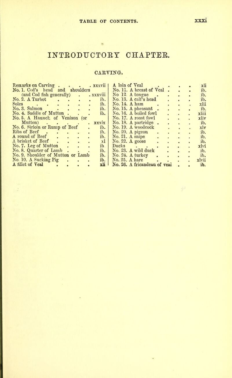 INTEODTJCTOEY CHAPTEE. CAR YIN Q. Remarks on Carving . xxxvii A loin of Yeal xli No. 1. Cod’s head and shoulders No. 11. A breast of Yeal ib. (and Cod fish generally) xxxviii No 12. A tongue ib. No. 2. A Turbot . ib. No. 13. A calf’s head ib. Soles ib. No. 14. A ham xlii No. 3. Salmon .... ib. No. 15. A pheasant . ib. No. 4. Saddle of Mutton . ib. No. 16. A boiled fowl xliii No. 5. A Haunch of Yenison (or No. 17. A roast fowl xliv Mutton) XXXIX No. 18. A partridge . ib. No. 6. Sirloin or Rump of Beef ib. No. 19. A woodcock xlv Ribs of Beef ib. No. 20. A pigeon ib. A round of Beef .... ib. No. 21. A snipe ib. A brisket of Beef .... xl No. 22. A goose ib. No. 7. Leg of Mutton ib Ducks xlvi No. 8. Quarter of Lamb . ib. No. 23. A wild duck ib. No. 9. Shoulder of Mutton or Lamb ib. No. 24. A turkey ib. No. 10. A Sucking Pig ib. No. 25. A hare xlvii A fillet of Veal .... xli No. 26. A fricandeau of veal ib.