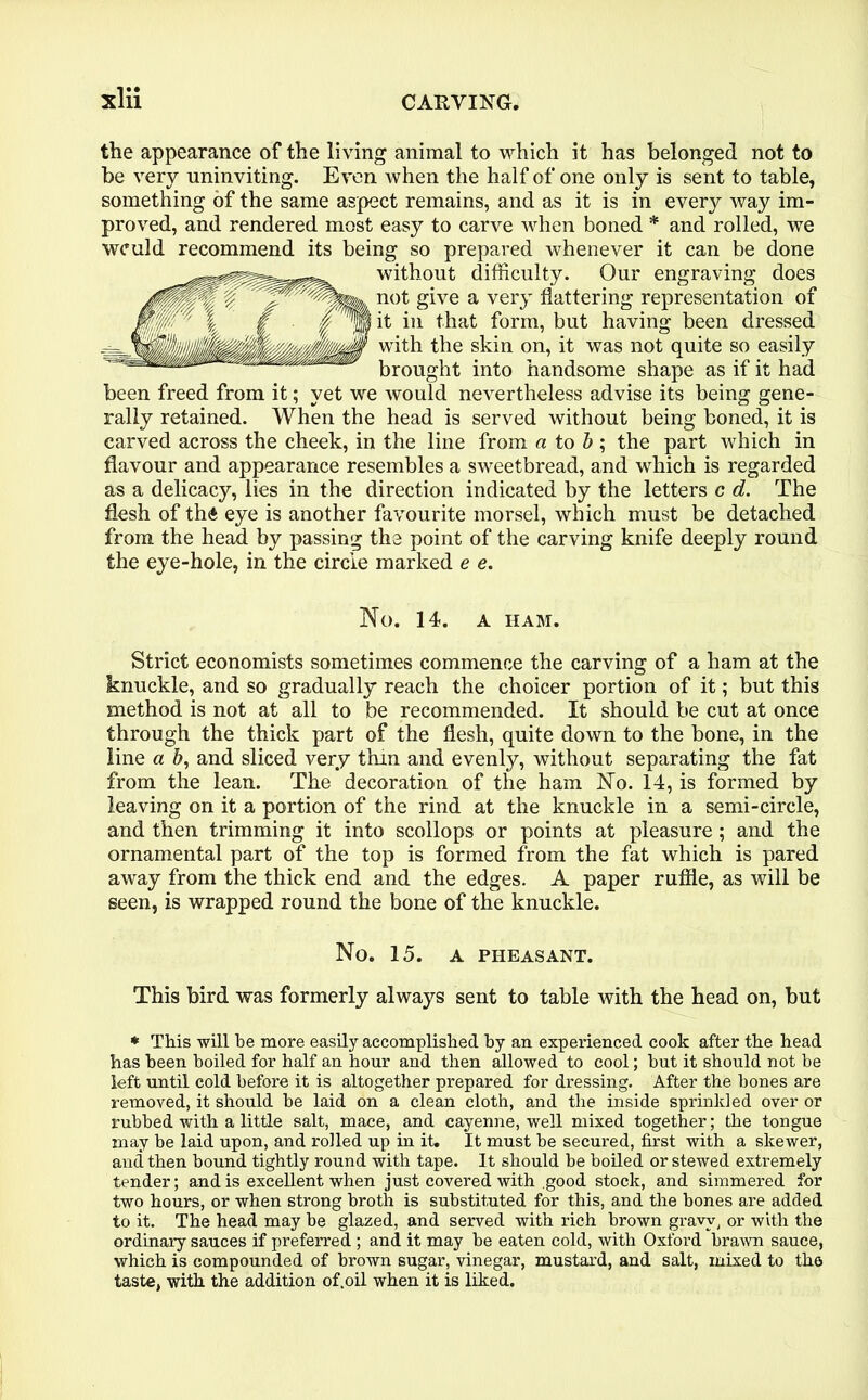 the appearance of the living animal to which it has belonged not to be very uninviting. Even when the half of one only is sent to table, something of the same aspect remains, and as it is in every way im- proved, and rendered most easy to carve when boned * and rolled, we wculd recommend its being so prepared whenever it can be done without difficulty. Our engraving does not give a very flattering representation of it in that form, but having been dressed with the skin on, it was not quite so easily brought into handsome shape as if it had been freed from it; yet we would nevertheless advise its being gene- rally retained. When the head is served without being boned, it is carved across the cheek, in the line from a to b ; the part which in flavour and appearance resembles a sweetbread, and which is regarded as a delicacy, lies in the direction indicated by the letters c d. The flesh of th« eye is another favourite morsel, which must be detached from the head by passing the point of the carving knife deeply round the eye-hole, in the circle marked e e. No. 14. A HAM. Strict economists sometimes commence the carving of a ham at the knuckle, and so gradually reach the choicer portion of it; but this method is not at all to be recommended. It should be cut at once through the thick part of the flesh, quite down to the bone, in the line a 5, and sliced very thin and evenly, without separating the fat from the lean. The decoration of the ham No. 14, is formed by leaving on it a portion of the rind at the knuckle in a semi-circle, and then trimming it into scollops or points at pleasure; and the ornamental part of the top is formed from the fat which is pared away from the thick end and the edges. A paper ruffle, as will be seen, is wrapped round the bone of the knuckle. No. 15. A PHEASANT. This bird was formerly always sent to table with the head on, but * This will be more easily accomplished by an experienced cook after the head has been boiled for half an hour and then allowed to cool; but it should not be left until cold before it is altogether prepared for dressing. After the bones are removed, it should be laid on a clean cloth, and the inside sprinkled over or rubbed with a little salt, mace, and cayenne, well mixed together; the tongue may be laid upon, and rolled up in it. It must be secured, first with a skewer, and then bound tightly round with tape. It should be boiled or stewed extremely tender; and is excellent when just covered with .good stock, and simmered for two hours, or when strong broth is substituted for this, and the bones are added to it. The head may be glazed, and served with rich brown gravy; or with the ordinary sauces if preferred ; and it may be eaten cold, with Oxford brawn sauce, which is compounded of brown sugar, vinegar, mustard, and salt, mixed to the taste, with the addition of.oil when it is liked.