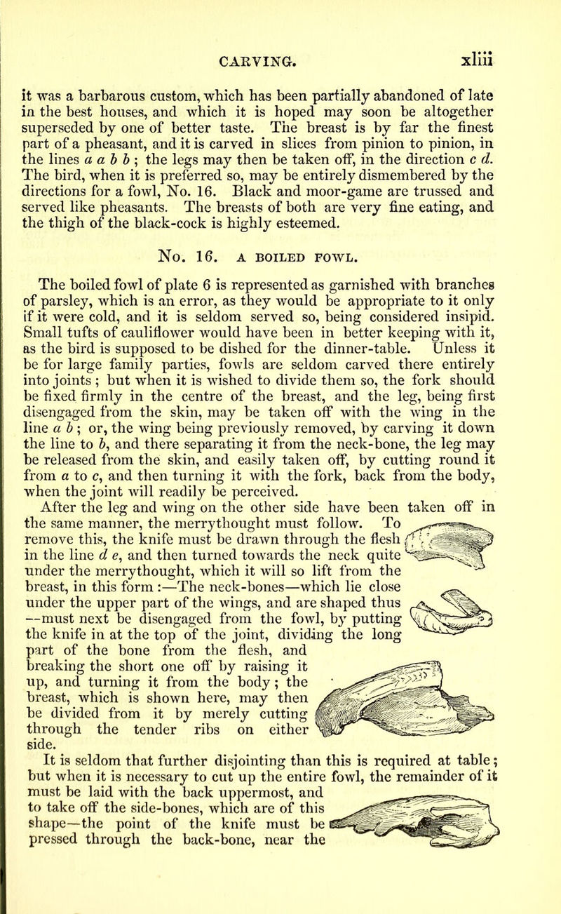 it was a barbarous custom, which has been partially abandoned of late in the best houses, and which it is hoped may soon be altogether superseded by one of better taste. The breast is by far the finest part of a pheasant, and it is carved in slices from pinion to pinion, in the lines a a b b ; the legs may then be taken off, in the direction c d. The bird, when it is preferred so, may be entirely dismembered by the directions for a fowl, No. 16. Black and moor-game are trussed and served like pheasants. The breasts of both are very fine eating, and the thigh of the black-cock is highly esteemed. No. 16. A BOILED FOWL. The boiled fowl of plate 6 is represented as garnished with branches of parsley, which is an error, as they would be appropriate to it only if it were cold, and it is seldom served so, being considered insipid. Small tufts of cauliflower would have been in better keeping with it, as the bird is supposed to be dished for the dinner-table. Unless it be for large family parties, fowls are seldom carved there entirely into joints ; but when it is wished to divide them so, the fork should be fixed firmly in the centre of the breast, and the leg, being first disengaged from the skin, may be taken off with the wing in the line a b ; or, the wing being previously removed, by carving it down the line to ft, and there separating it from the neck-bone, the leg may be released from the skin, and easily taken off, by cutting round it from a to c, and then turning it with the fork, back from the body, when the joint will readily be perceived. After the leg and wing on the other side have been taken off in the same manner, the merrythought must follow. To remove this, the knife must be drawn through the flesh in the line d e, and then turned towards the neck quite under the merrythought, which it will so lift from the breast, in this form :—The neck-bones—which lie close under the upper part of the wings, and are shaped thus —must next be disengaged from the fowl, by putting the knife in at the top of the joint, dividing the long part of the bone from the flesh, and breaking the short one off by raising it up, and turning it from the body; the breast, which is shown here, may then be divided from it by merely cutting through the tender ribs on either side. It is seldom that further disjointing than this is required at table; but when it is necessary to cut up the entire fowl, the remainder of it must be laid with the back uppermost, and to take off the side-bones, which are of this shape—the point of the knife must be pressed through the back-bone, near the