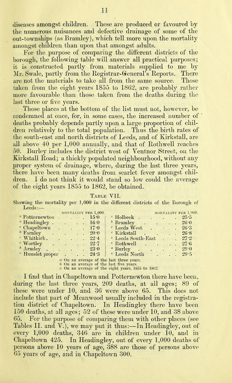 diseases amongst children. These are produced or favoured by the numerous nuisances and defective drainage of some of the out-townships (as Bramley), which tell more upon the mortality amongst children than upon that amongst adults. For the purpose of comparing the different districts of the borough, the following table will answer all practical purposes; it is constructed partly from materials supplied to me by Mr. Swale, partly from the Registrar-Greneral's Reports. There are not the materials to take all from the same source. Those taken from the eight years 1855 to 1862, are probably rather more favourable than those taken from the deaths during the last three or five years. Those places at the bottom of the list must not, however, be condemned at once, for, in some cases, the increased number of deaths probably depends partly upon a large proportion of chil- dren relatively to the total population. Thus the birth rates of the south-east and north districts of Leeds, and of KirkstalL are all above 40 per 1,000 annually, and that of Rothwell reaches 50. Burley includes the district west of Ventnor Street, on the Kirkstall Road; a thickly populated neighbourhood, without any proper system of drainage, where, during the last three years, there have been many deaths from scarlet fever amongst chil- dren. I do not think it would stand so low could the average of the eight years 1855 to 1862, be obtained. Table VII. Showing the mortality per 1,000 in the different districts of the Borough of Leeds:— MORTALITY PER 1,000. MORTALITY PER 1,000.  Potternewton .  Headingley . c Chapeltown 4 Farnley c Whitkirk. c Wortley h Armley . 0 Hunslet proper a On an average of the last three years. b On an average of the last five years. c On an average of the eight years, 1855 to 1862. I find that in Chapeltown and Potternewton there have been, during the last three years, 209 deaths, at all ages; 89 of these were under 10, and 36 were above 65. This does not include that part of Meanwood usually included in the registra- tion district of Chapeltown. In Headingley there have been 150 deaths, at all ages; 52 of these were under 10, and 38 above 65. For the purpose of comparing them with other places (see Tables II. and Y.), we may put it thus:—In Headingley, out of every 1,000 deaths, 346 are in children under 10, and in Chapeltown 425. In Headingley, out of every 1,000 deaths of persons above 10 years of age, 388 are those of persons above 65 years of age, and in Chapeltown 300. 15-0 c Holbeck . . 25-5 16-0 6 Bramley . . 260 17-0  Leeds West . 26-3 20-0 '' Kirkstall . . 26-8 22-4 c Leeds South-East . 27-2 22-7 0 Rothwell . . 27-6 23 0 a Burley . ' 29 0 24-3 c Leeds North . . 29 5