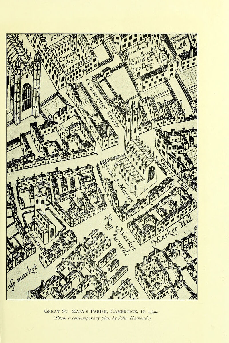 Great St. Mary’s Parish, Cambridge, in 1592. (From a contemporary plan by John Hamond.)