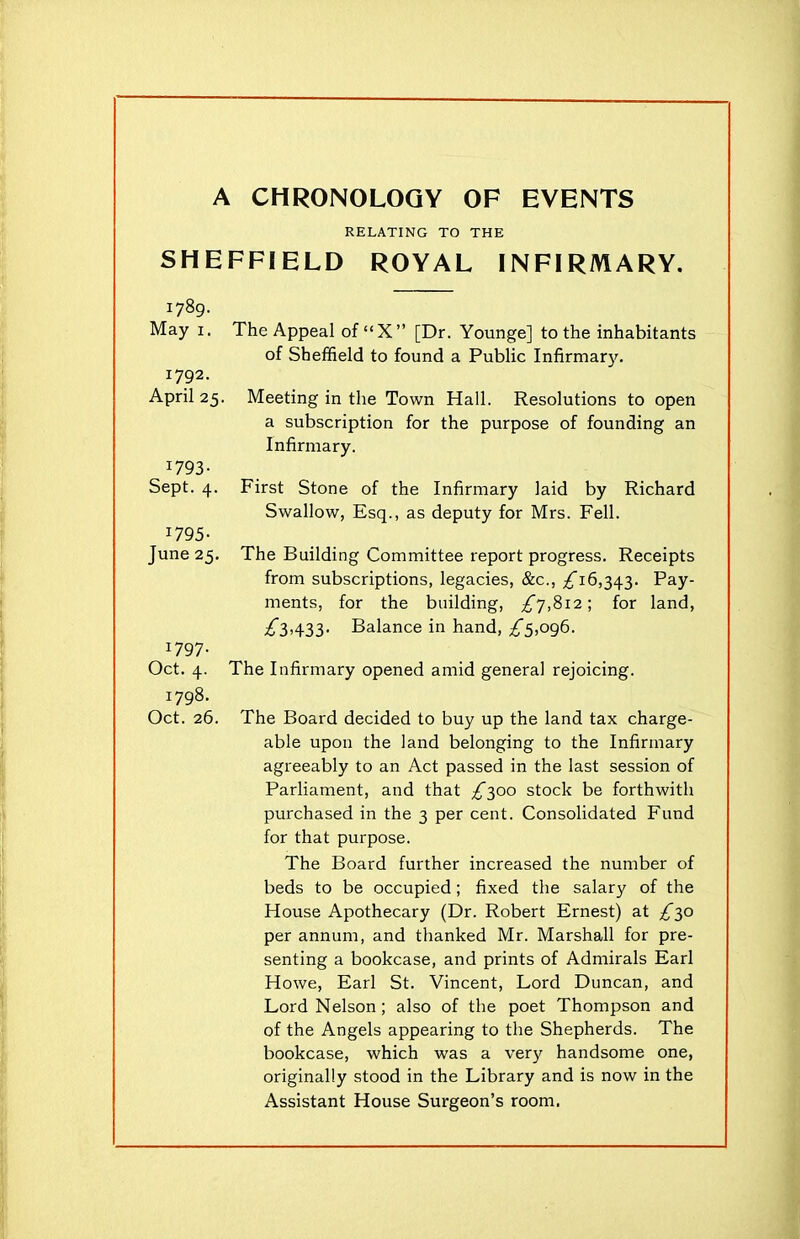 A CHRONOLOGY OF EVENTS RELATING TO THE SHEFFIELD ROYAL INFIRMARY. i789- May i. The Appeal of “X” [Dr. Younge] to the inhabitants of Sheffield to found a Public Infirmary. 1792. April 25. Meeting in the Town Hall. Resolutions to open a subscription for the purpose of founding an Infirmary. 1793- Sept. 4. First Stone of the Infirmary laid by Richard Swallow, Esq., as deputy for Mrs. Fell. J795- June 25. The Building Committee report progress. Receipts from subscriptions, legacies, &c., /i6,343. Pay- ments, for the building, £7,812; for land, /3>433- Balance in hand, ^5,096. I797- Oct. 4. The Infirmary opened amid general rejoicing. T798- Oct. 26. The Board decided to buy up the land tax charge- able upon the land belonging to the Infirmary agreeably to an Act passed in the last session of Parliament, and that ^300 stock be forthwith purchased in the 3 per cent. Consolidated Fund for that purpose. The Board further increased the number of beds to be occupied; fixed the salary of the House Apothecary (Dr. Robert Ernest) at ^30 per annum, and thanked Mr. Marshall for pre- senting a bookcase, and prints of Admirals Earl Howe, Earl St. Vincent, Lord Duncan, and Lord Nelson; also of the poet Thompson and of the Angels appearing to the Shepherds. The bookcase, which was a very handsome one, originally stood in the Library and is now in the Assistant House Surgeon’s room.