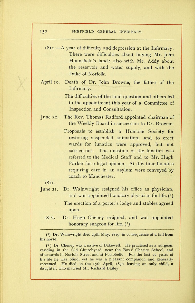 1810. —A year of difficulty and depression at the Infirmary. There were difficulties about buying Mr. John Hounsfield’s land ; also with Mr. Addy about the reservoir and water supply, and with the Duke of Norfolk. April io. Death of Dr. John Browne, the father of the Infirmary. The difficulties of the land question and others led to the appointment this year of a Committee of Inspection and Consultation. June 22. The Rev. Thomas Radford appointed chairman of the Weekly Board in succession to Dr. Browne. Proposals to establish a Humane Society for restoring suspended animation, and to erect wards for lunatics were approved, but not carried out. The question of the lunatics was referred to the Medical Staff and to Mr. Hugh Parker for a legal opinion. At this time lunatics requiring care in an asylum were conveyed by coach to Manchester. 1811. June 21. Dr. Wainwright resigned his office as physician, and was appointed honorary physician for life. (1) The erection of a porter’s lodge and stables agreed upon. 1812. Dr. Hugh Cheney resigned, and was appointed honorary surgeon for life. (2) I1) Dr. Wainwright died 29th May, 1819, in consequence of a fall from his horse. (2 ) Dr. Cheney was a native of Bakewell. He practised as a surgeon, residing in the Old Churchyard, near the Boys’ Charity School, and afterwards in Norfolk Street and at Portobello. For the last 22 years of his life he was blind, yet he was a pleasant companion and generally esteemed. He died on the 15th April, 1830, leaving an only child, a daughter, who married Mr. Richard Bailey.