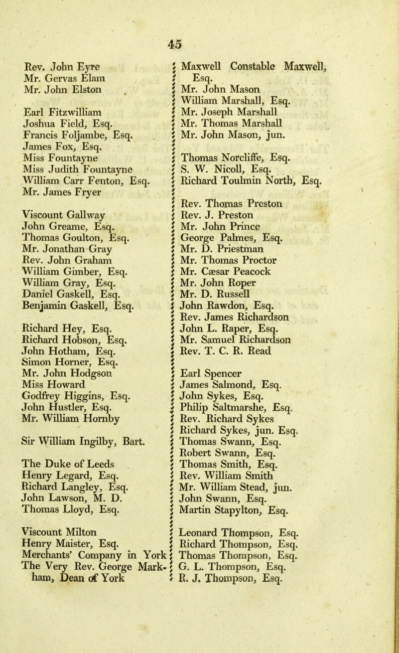 Rev. John Eyre Mr. Gervas Elam Mr. John Elston Earl Fitzwilliam Joshua Field, Esq. Francis Foljambe, Esq. James Fox, Esq, Miss Fountayne Miss Judith Fountayne William Carr Fenton, Esq. Mr. James Fryer Viscount Gallway John Greame, Esq. Thomas Goulton, Esq. Mr. Jonathan Gray Rev. John Graham William Gimber, Esq. William Gray, Esq. Daniel Gaskell, Esq. Benjamin Gaskell, Esq. Richard Hey, Esq. Richard Hobson, Esq. John Hotham, Esq. Simon Horner, Esq. Mr. John Hodgson Miss Howard Godfrey Higgins, Esq. John Hustler, Esq. Mr. William Hornby Sir William Ingilby, Bart. The Duke of Leeds Henry Legard, Esq. Richard Langley, Esq. John Lawson, M. D. Thomas Lloyd, Esq. | Maxwell Constable Maxwell, j Esq. i Mr. John Mason I William Marshall, Esq. \ Mr. Joseph Marshall \ Mr. Thomas Marshall | Mr. John Mason, jun. | Thomas Norcliffe, Esq. I S. W. Nicoll, Esq. 5 Richard Toulmin North, Esq. t Rev. Thomas Preston \ Rev. J. Preston < Mr. John Prince 1 I George Palmes, Esq. J Mr. D. Priestman I Mr. Thomas Proctor I Mr. Caesar Peacock $ Mr. John Roper 5 Mr. D. Russell 5 John Rawdon, Esq. 1 Rev. James Richardson I John L. Raper, Esq. t Mr. Samuel Richardson | Rev. T. C. R. Read J Earl Spencer i James Salmond, Esq. | John Sykes, Esq. | Philip Saltmarshe, Esq. | Rev. Richard Sykes > Richard Sykes, jun. Esq. I Thomas Swann, Esq. | Robert Swann, Esq. > Thomas Smith, Esq. \ Rev. William Smith $ Mr. William Stead, jun. \ John Swann, Esq. | Martin Stapylton, Esq. Viscount Milton | Leonard Thompson, Esq. Henry Maister, Esq. \ Richard Thompson, Esq. Merchants' Company in York \ Thomas Thompson, Esq. The Very Rev. George Mark- \ G. L. Thompson, Esq. ham, Dean of York 5 R. J. Thompson, Esq.