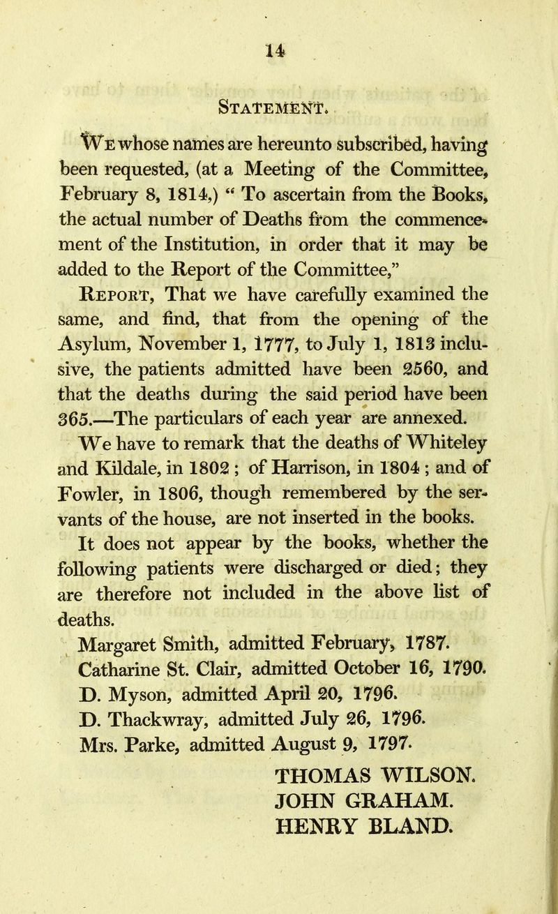 Statement. We whose names are hereunto subscribed, having been requested, (at a Meeting of the Committee, February 8, 1814,)  To ascertain from the Books, the actual number of Deaths from the commence* ment of the Institution, in order that it may be added to the Report of the Committee, Report, That we have carefully examined the same, and find, that from the opening of the Asylum, November 1, 1777, to July 1, 1813 inclu- sive, the patients admitted have been 2560, and that the deaths during the said period have been 365.—The particulars of each year are annexed. We have to remark that the deaths of Whiteley and Kildale, in 1802 ; of Harrison, in 1804 ; and of Fowler, in 1806, though remembered by the ser- vants of the house, are not inserted in the books. It does not appear by the books, whether the following patients were discharged or died; they are therefore not included in the above list of deaths. Margaret Smith, admitted February* 1787. Catharine St. Clair, admitted October 16, 1790. D. My son, admitted April 20, 1796* D. Thackwray, admitted July 26, 1796. Mrs. Parke, admitted August 9, 1797. THOMAS WILSON. JOHN GRAHAM. HENRY BLAND.