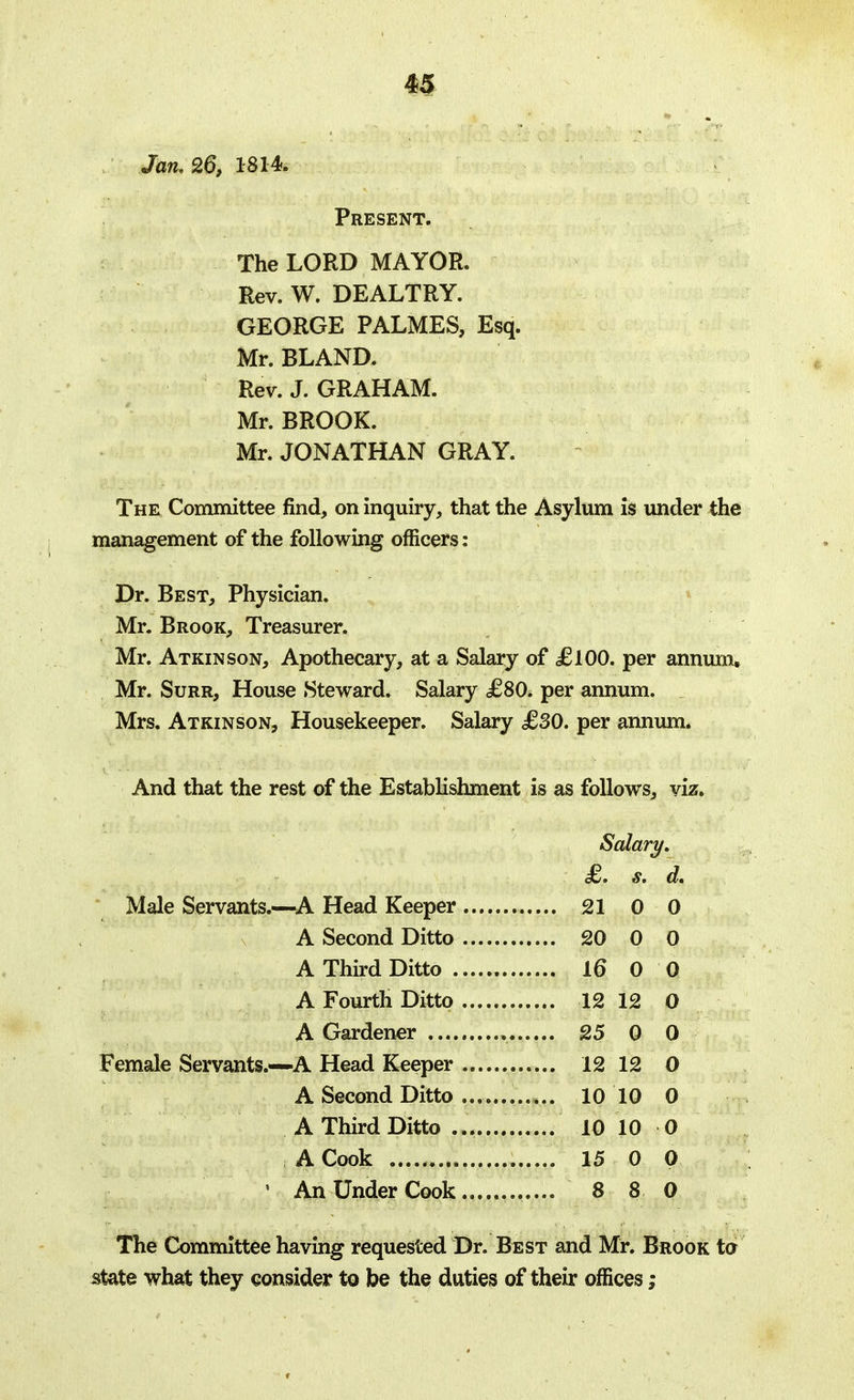 Jan, 26, 1814. Present. The LORD MAYOR. Rev. W. DEALTRY. GEORGE PALMES, Esq. Mr. BLAND. Rev. J. GRAHAM. Mr. BROOK. Mr. JONATHAN GRAY. The Committee find, on inquiry, that the Asylum is under the management of the following officers: Dr. Best, Physician. Mr. Brook, Treasurer. Mr. Atkinson, Apothecary, at a Salary of £100. per annum, Mr. Surr, House Steward. Salary £80. per annum. , Mrs. Atkinson, Housekeeper. Salary £30. per annum. And that the rest of the Establishment is as follows, viz. Salary. £, s, d, Male Servants.—A Head Keeper 21 0 0 A Second Ditto 20 0 0 A Third Ditto 16 0 0 A Fourth Ditto 12 12 0 A Gardener , 25 0 0 Female Servants.—A Head Keeper 12 12 0 A Second Ditto 10 10 0 A Third Ditto 10 10 0 A Cook 15 0 0 ' An Under Cook 8 8 0 The Committee having requested Dr. Best and Mr. Brook to state what they consider to be the duties of their offices;