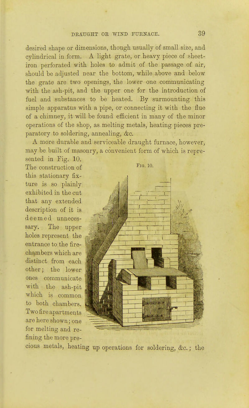 Fig. 10. desired shape or dimensions, though usually of small size, and cylindrical in form. A light grate, or heavy piece of sheet- iron perforated with holes to admit of the passage of air, should be adjusted near the bottom, while above and below the grate are two openings, the lower one communicating with the ash-pit, and the upper one for the introduction of fuel and substances to be heated. By surmounting this simple apparatus with a pipe, or connecting it with the flue of a chimney, it will be found efficient in many of the minor operations of the shop, as melting metals, heating pieces pre- paratory to soldering, annealing, &c. A more durable and serviceable draught furnace, however, may be built of masonry, a convenient form of which is repre- sented in Fig. 10. The construction of this stationary fix- ture is so plainly exhibited in the cut that any extended description of it is deemed unneces- sary. The uppe- holes represent th entrance to the fire chambers which ar, distinct from each other; the lower ones communicate with the ash-pit which is common to both chambers. Two fire apartments are here shown; one for melting and re- fining the more pre- cious metals, heating up operations for soldering, &c.; the